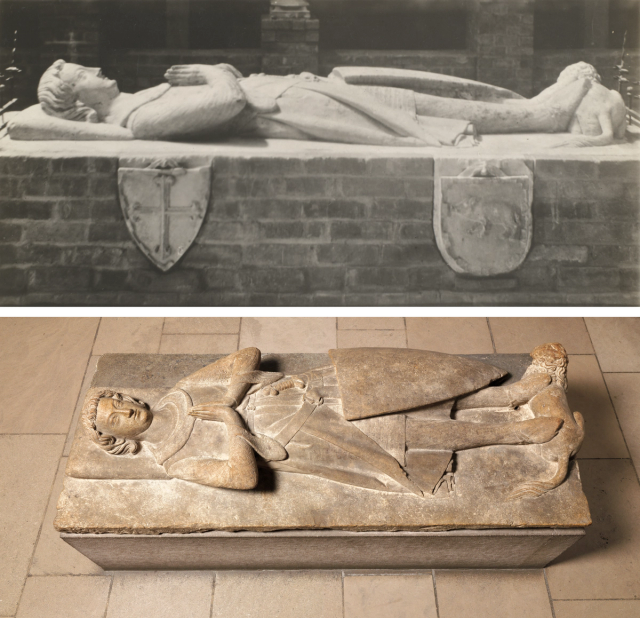 Archival and contemporary views of a sculpted knight, laying faceup on a rectangular platform.