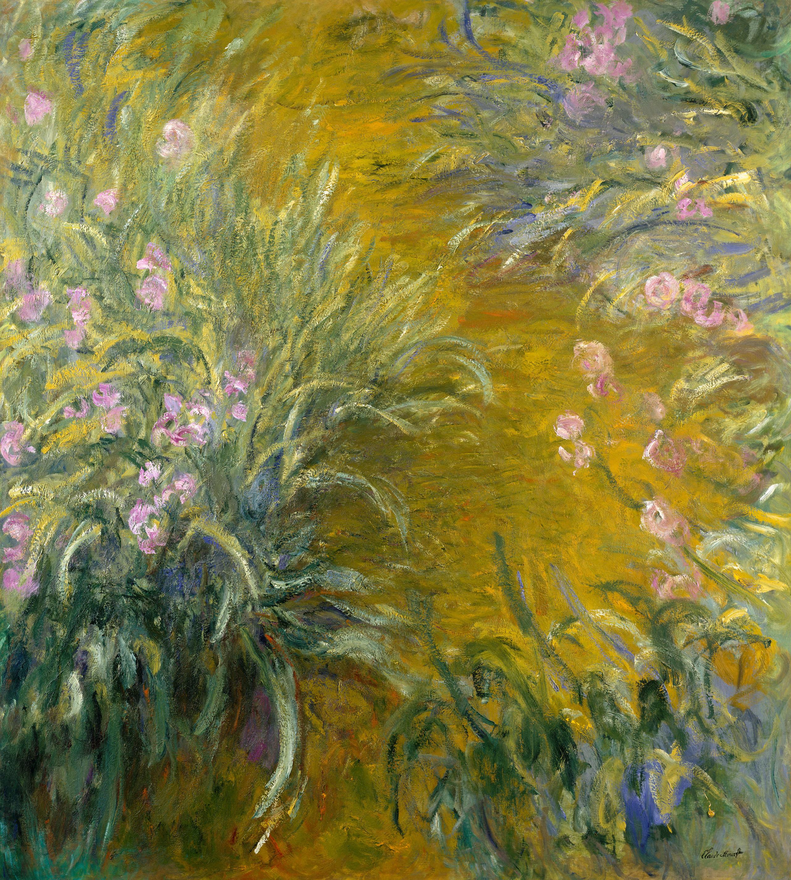 Impressionist painting of a path through lush green foliage and soft pink flowers, rendered with loose, sweeping brushstrokes.