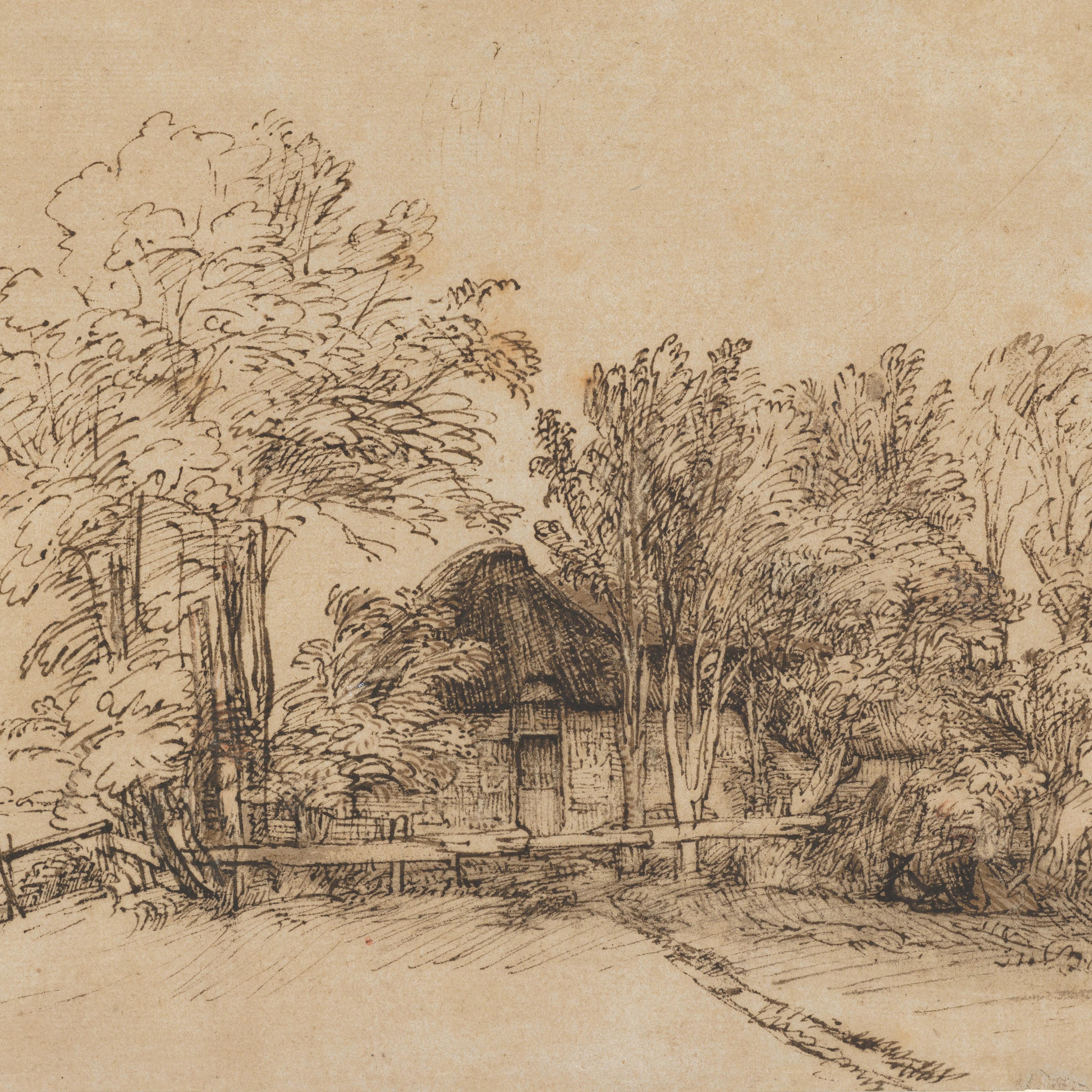 A detailed line drawing of a thatched-roof cottage surrounded by trees and farmland.