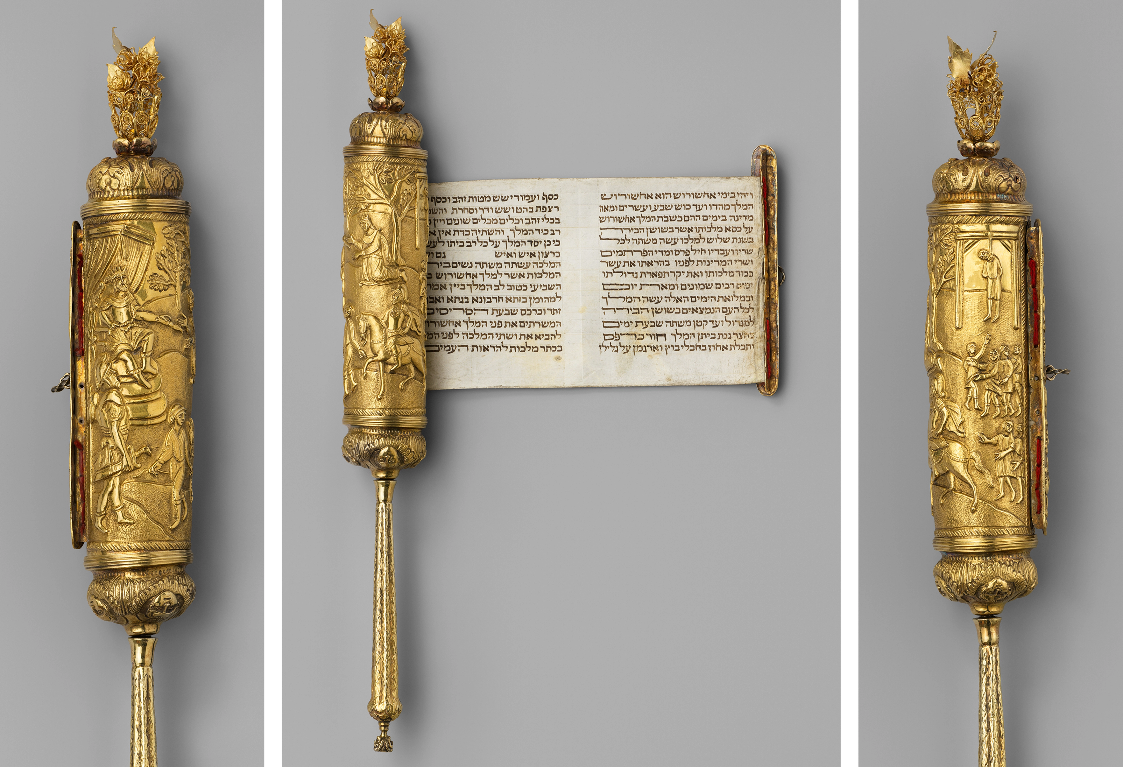 Three views of an ornate gold scroll case, decorated with detailed scenes. The center view shows the parchment scroll partially unrolled with Hebrew text visible.