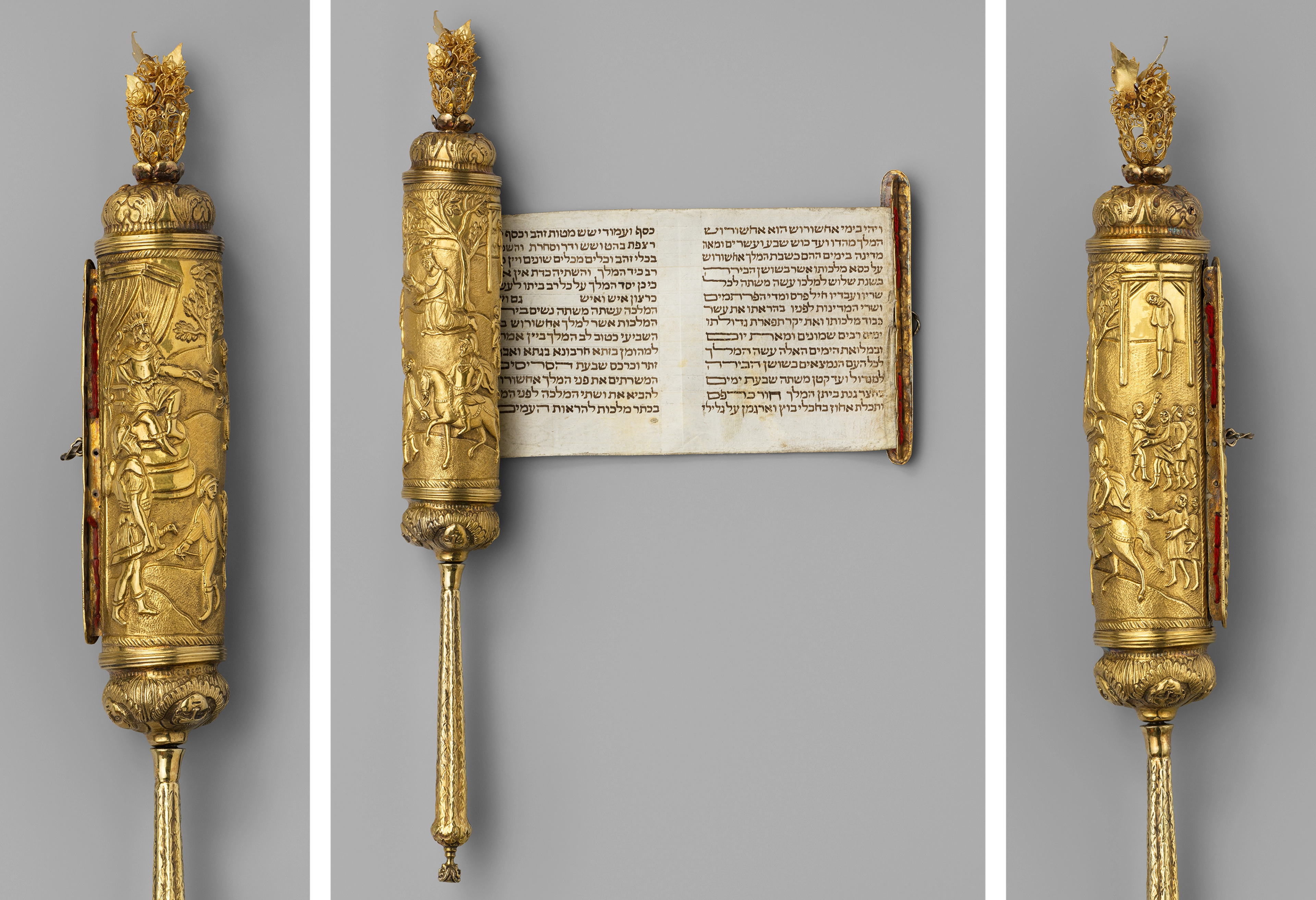 Three views of an ornate gold scroll case, decorated with detailed scenes. The center view shows the parchment scroll partially unrolled with Hebrew text visible.
