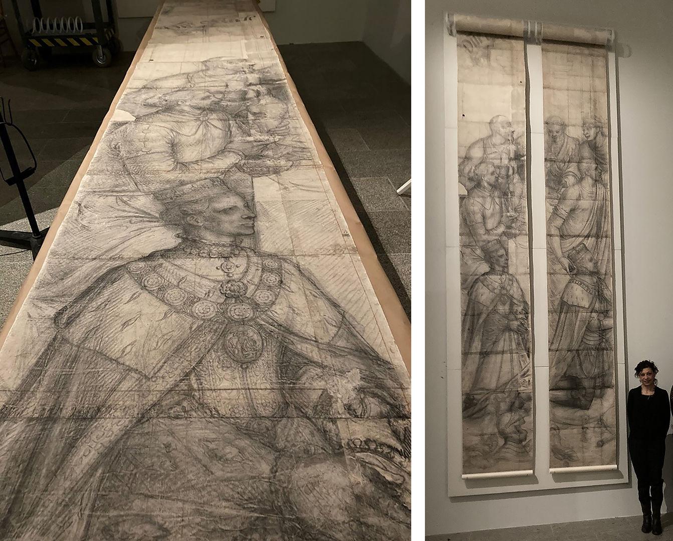 At left, the scroll unrolled on a flat surface in preparation for installation. At right, the installed scrolls hanging on a wall, with a woman standing next to the scrolls for scale.