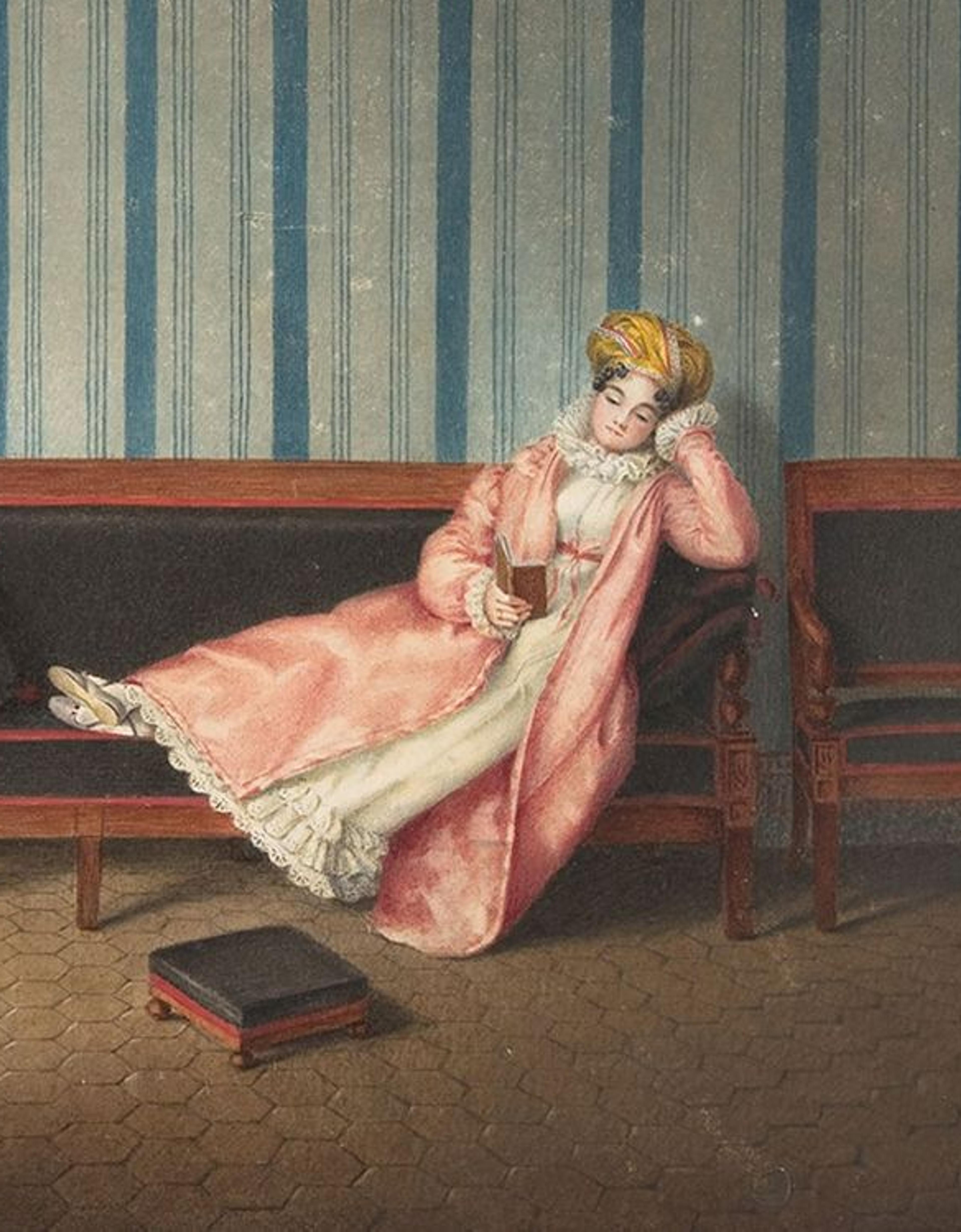A print of a woman in a pink coat and white dress lounging and reading leisurely in a sitting room.