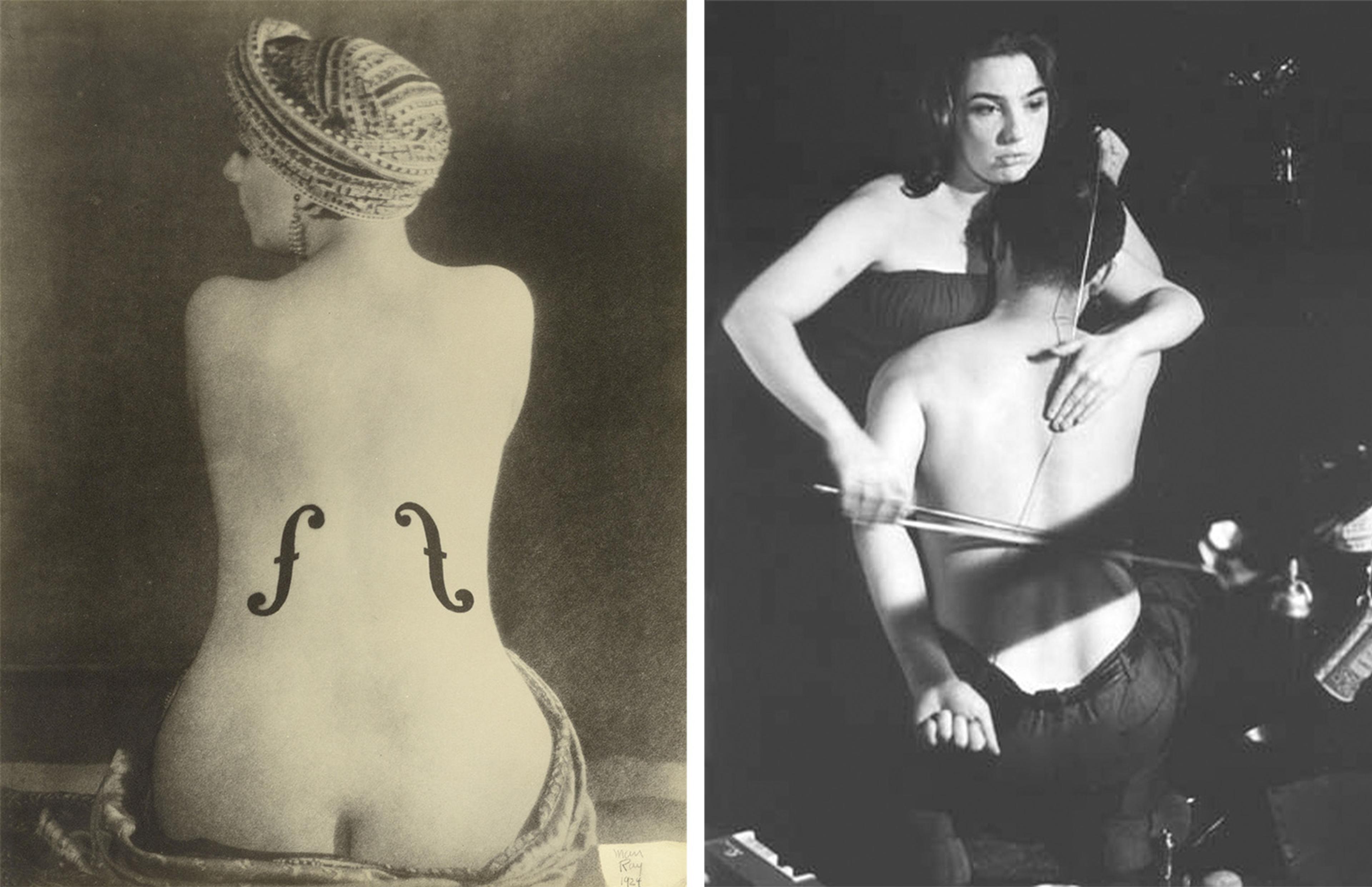 On the left, a person sits with a turban, showing a bare back with f-holes like a violin. On the right, a person plays a human instrument. Tone: artistic, surreal.