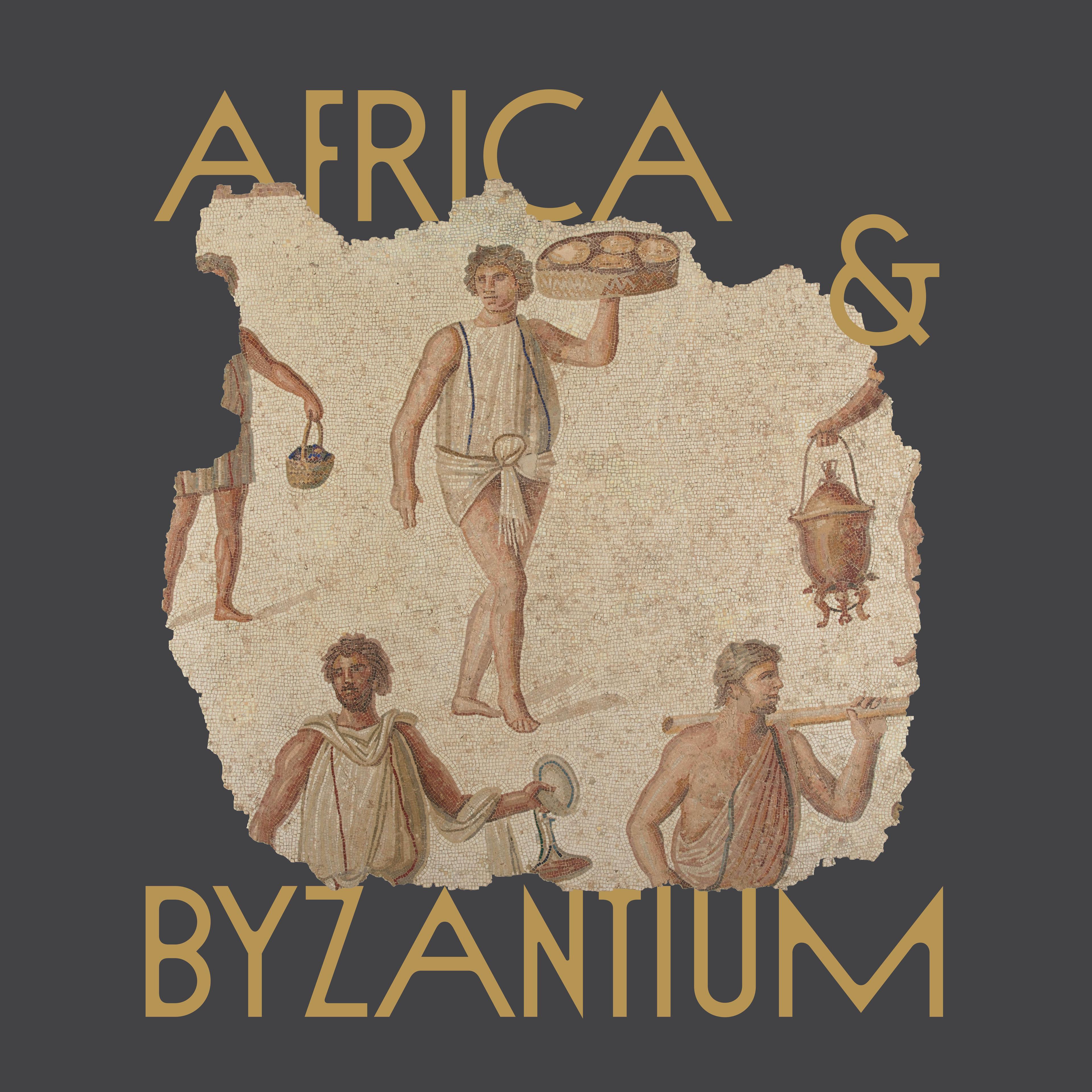Mosaic in the shape of a map with a title in yellow that reads "Africa & Byzantium"