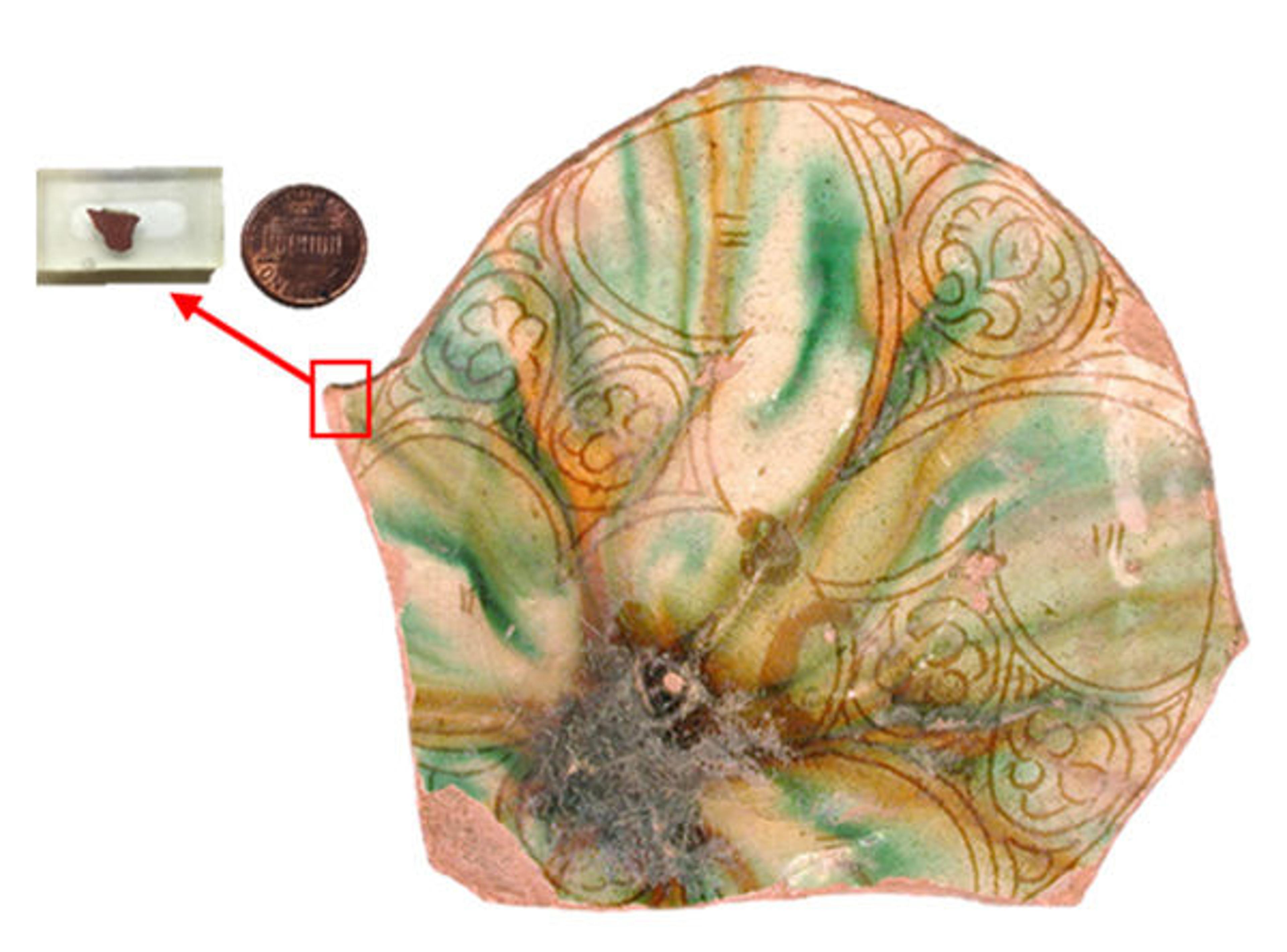 Fig. 2. Example of a sampling. A small sample is removed from a pottery shard, then embedded in a resin block, and its surface carefully polished following a well-established procedure.