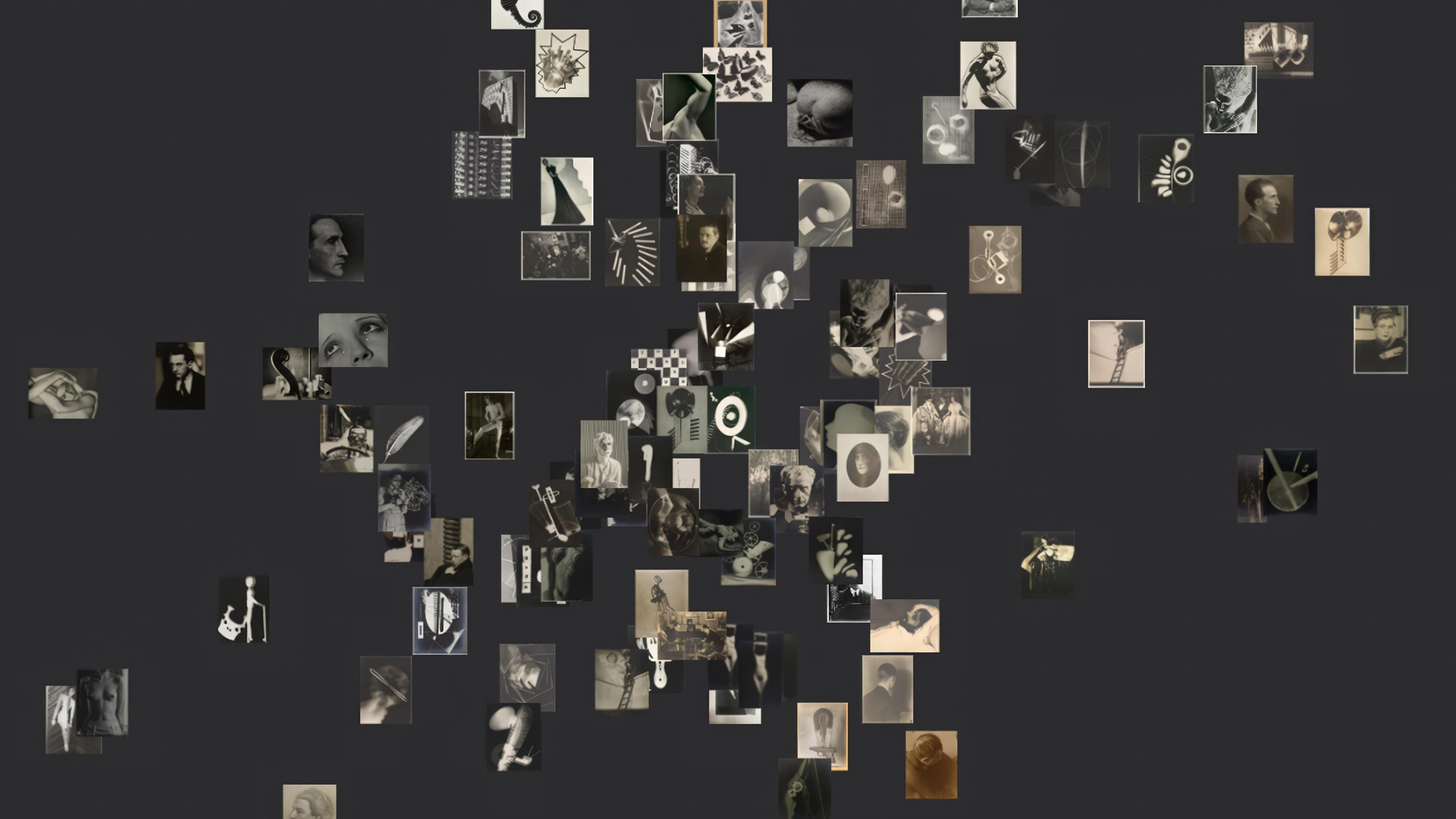Clusters of small photographs arranged against a dark grey background.