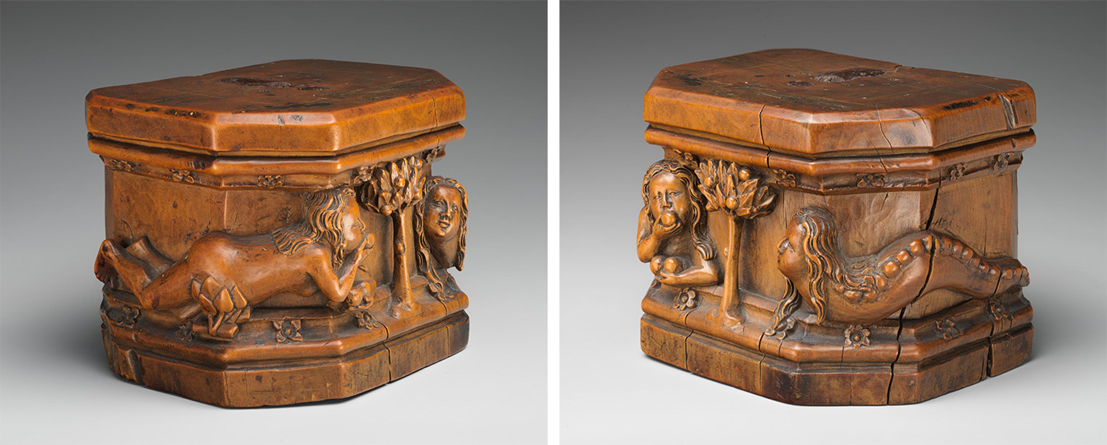 Two angled views of a carved wooden box decorated with reclining figures and a tree.
