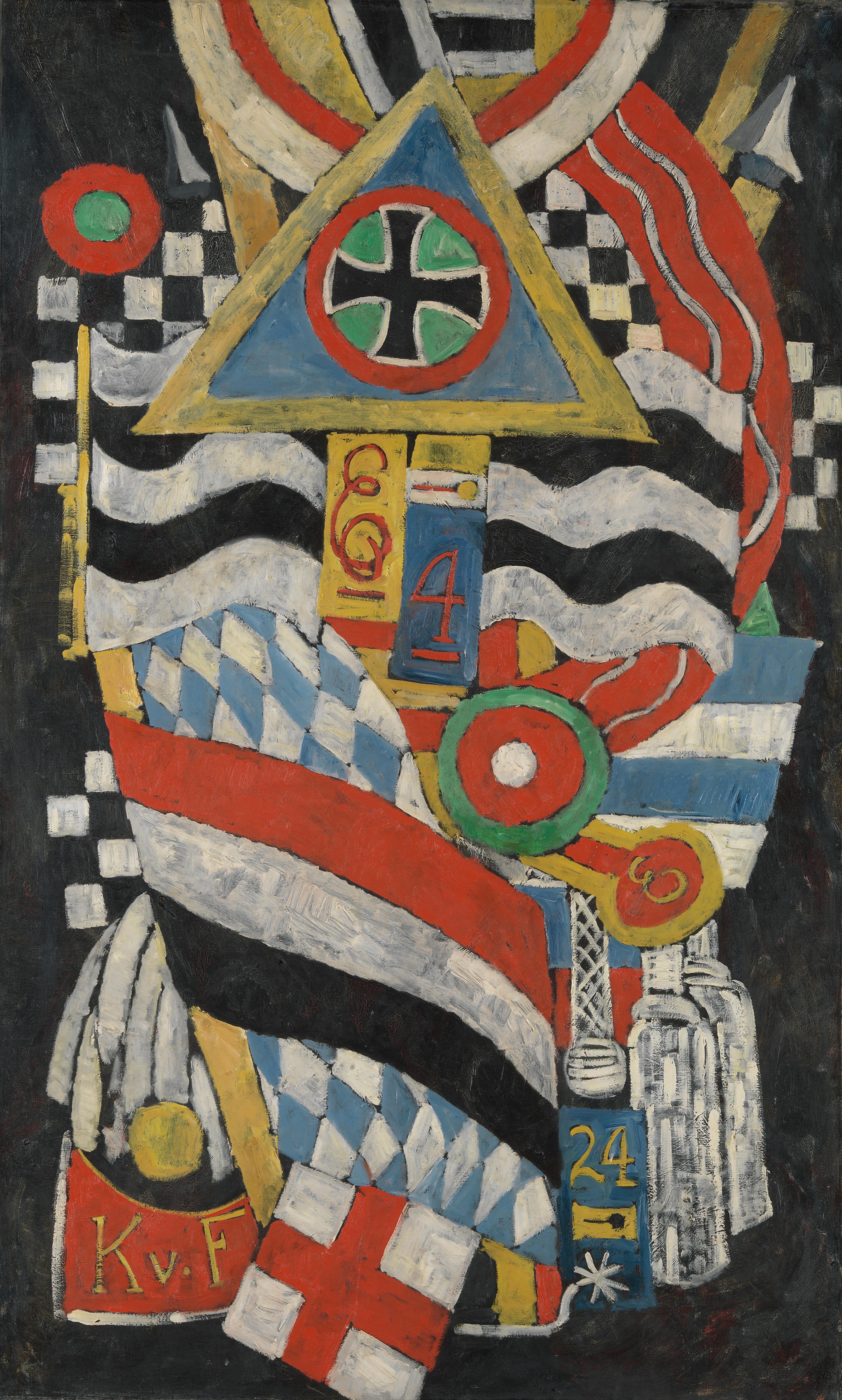 Abstract painting with bold black, white, blue, yellow, and red. There appear to be flags twisting together, interspersed with numbers and military-related symbology.
