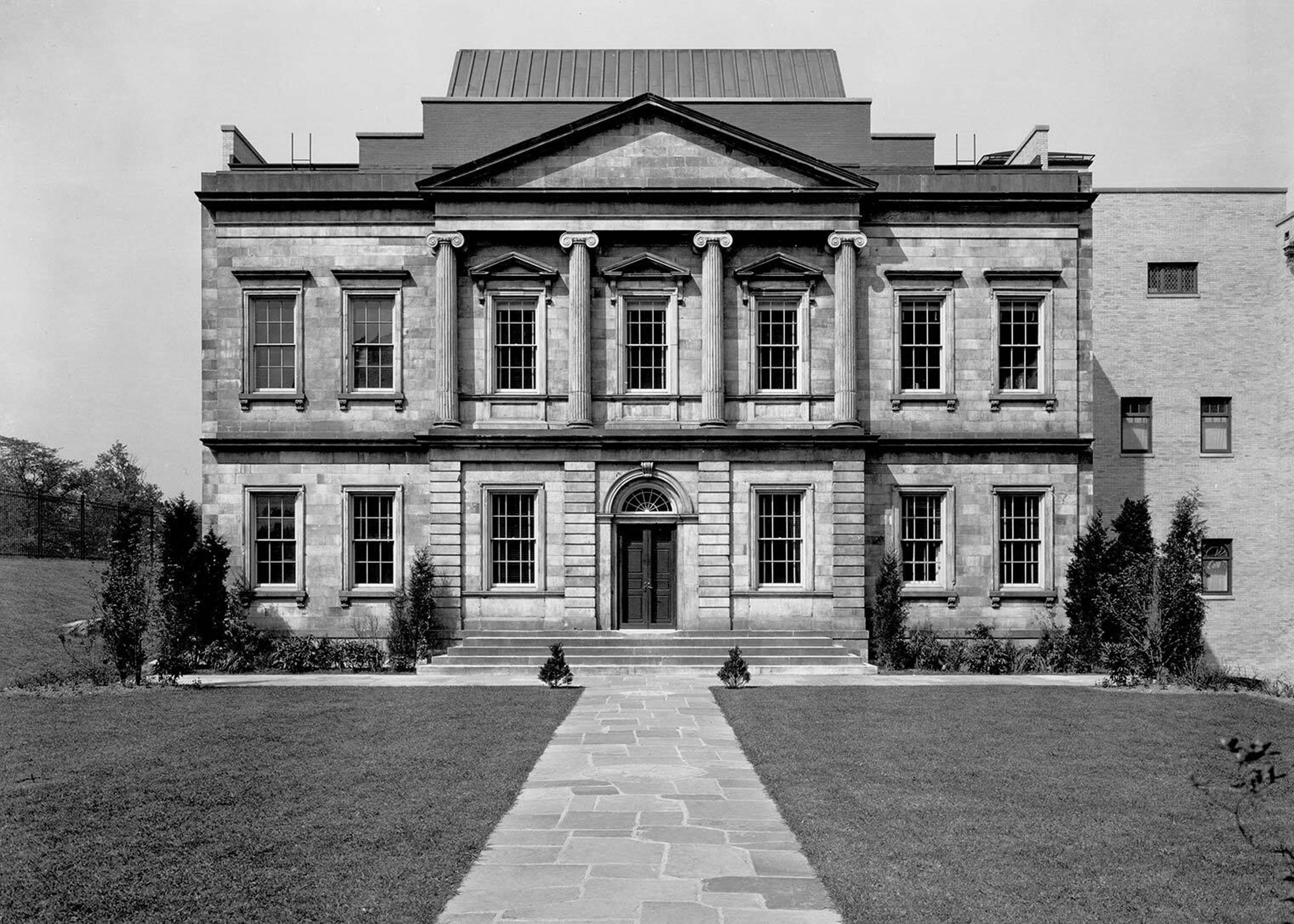 The Second Branch Bank facade installed on a lawn in Central Park