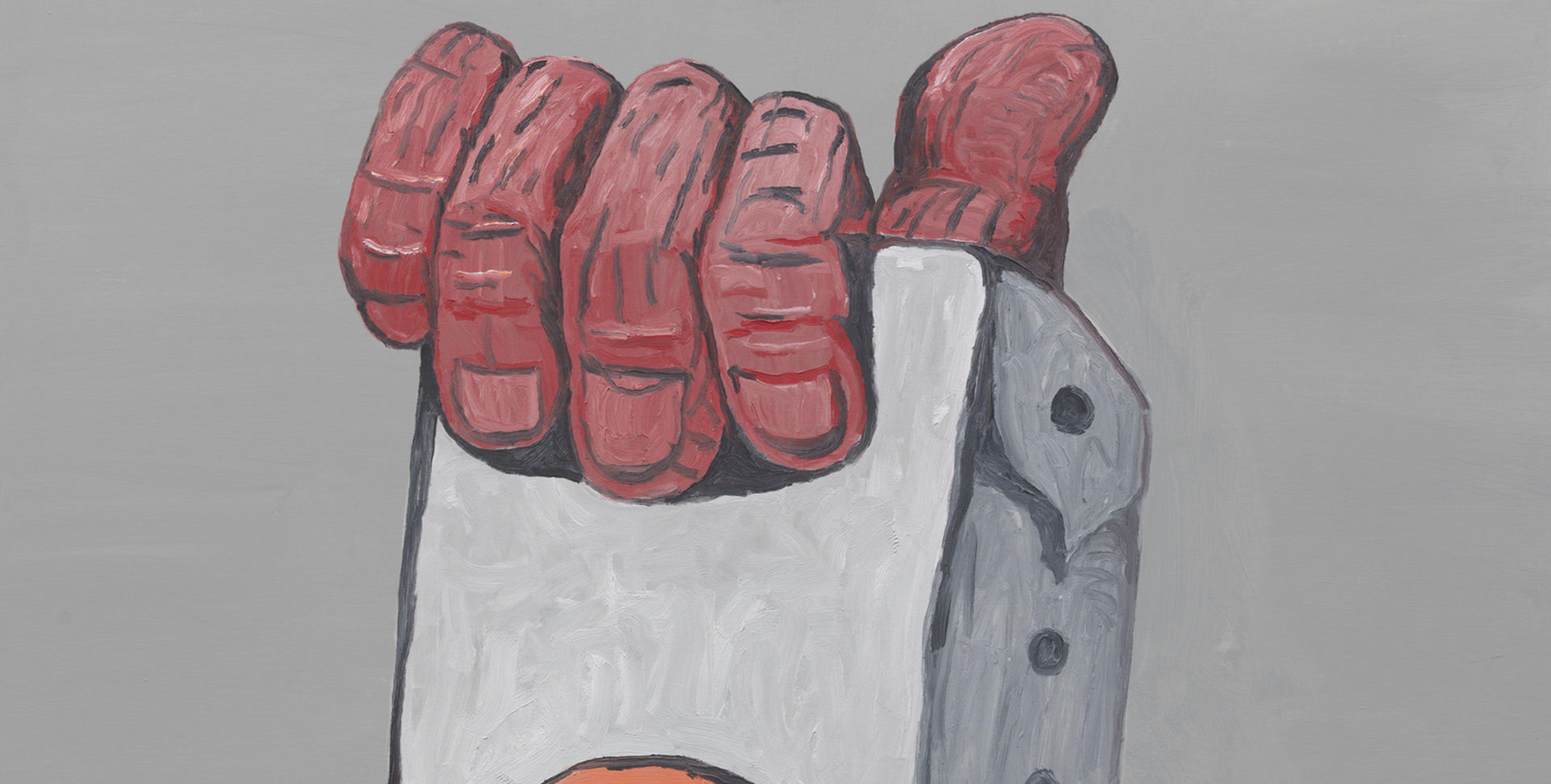 Painting by Phillip Guston of a one-eyed person laying in bed smoking a cigarette with a clock in the background.