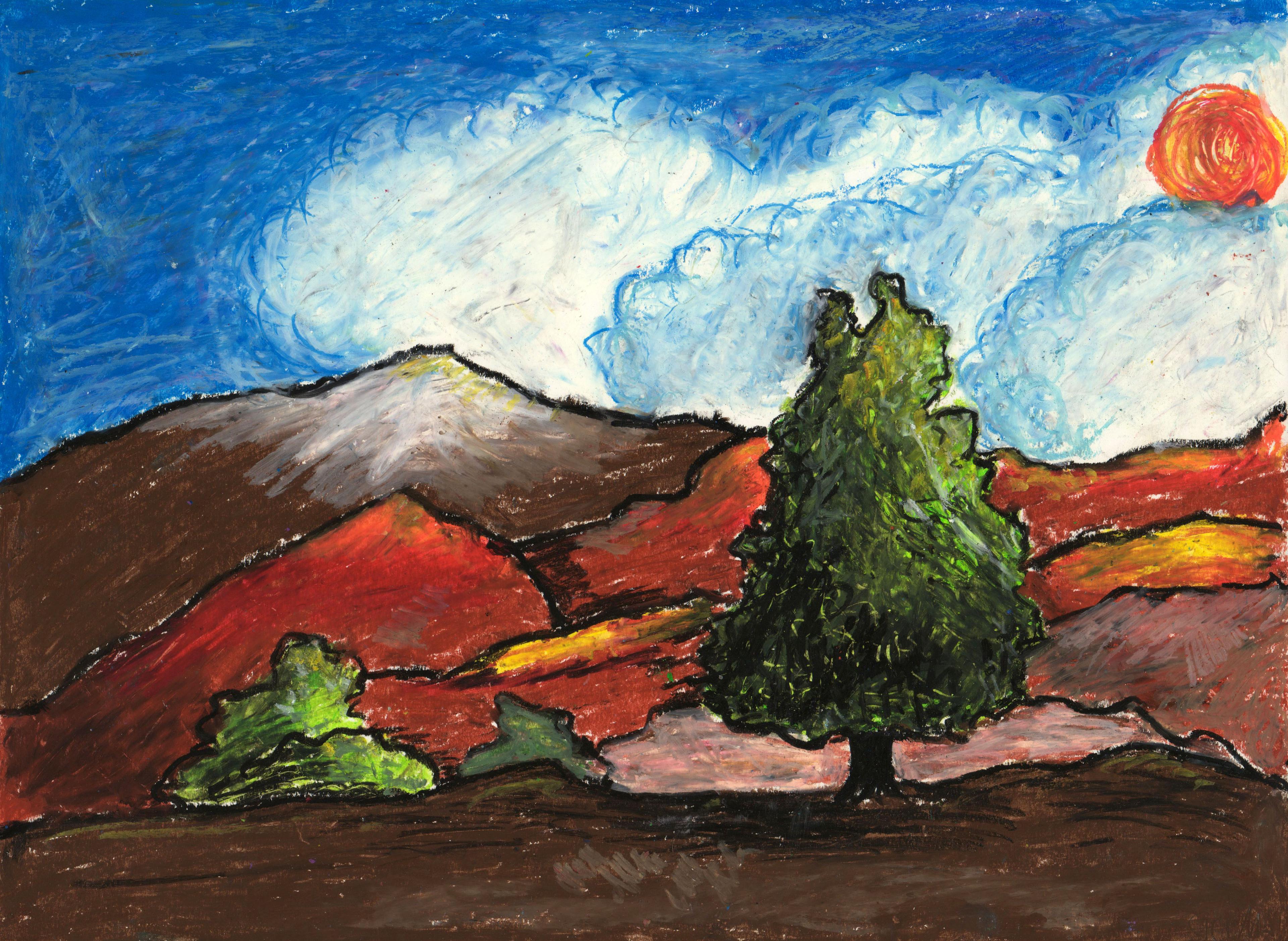 Oil pastel–and–colored pencil drawing of a tall green tree perched in the foreground on brown soil, with a small pair of green bushes to the left. The brown soil changes to red hills in the background, and then becomes a gently sloping brown mountain on the horizon. The blue sky is mostly filled with large white clouds, and a deep orange sun emerges from the clouds near the top right of the illustration.