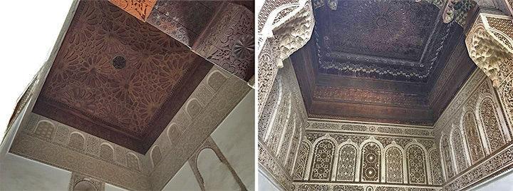 View of starry ceilings at Medersa Ben Yousef and Bahia Palace