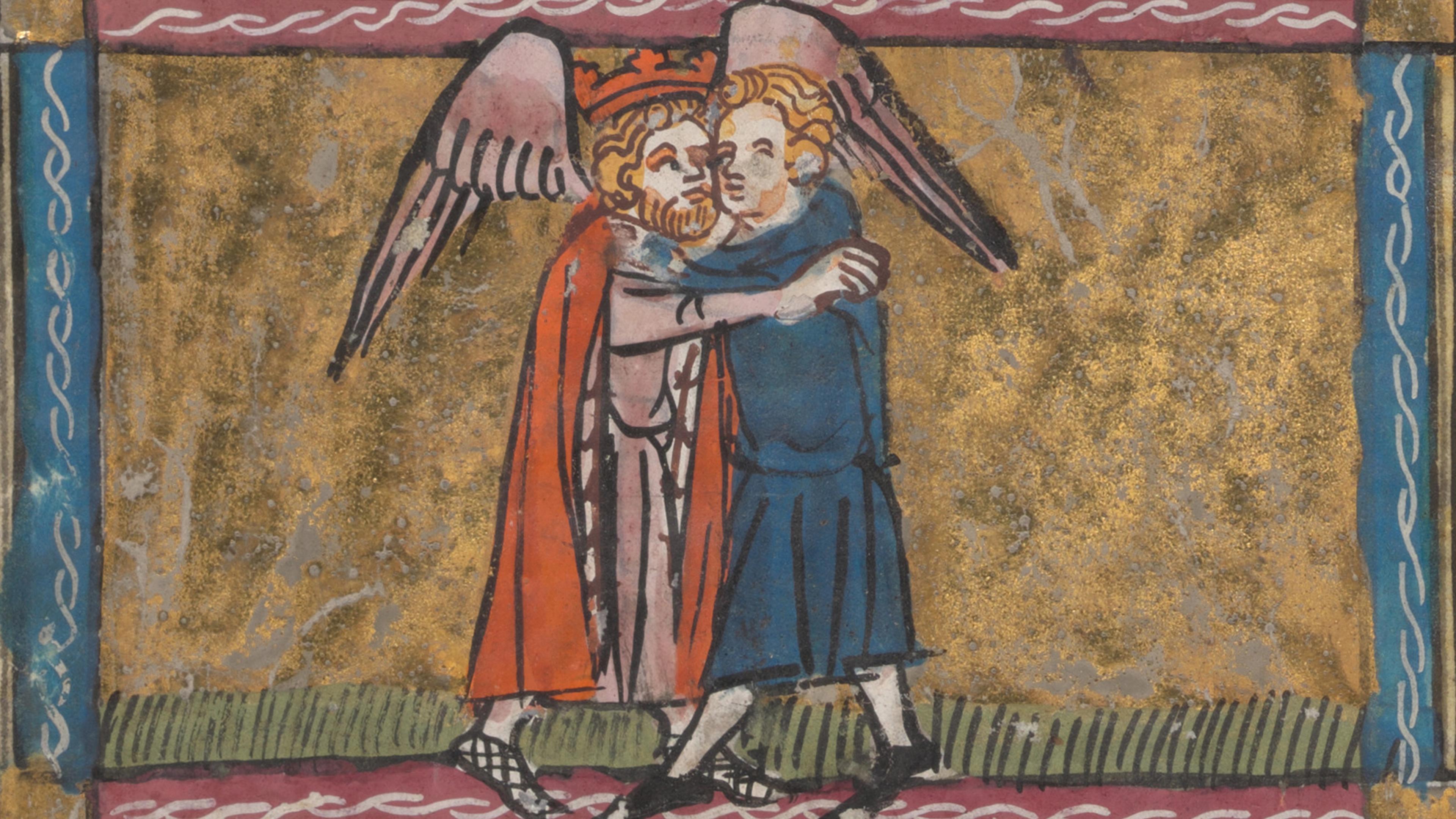 Gold-background scene showing two male figures, one with wings, in an embrace, framed by red and blue decorative borders.