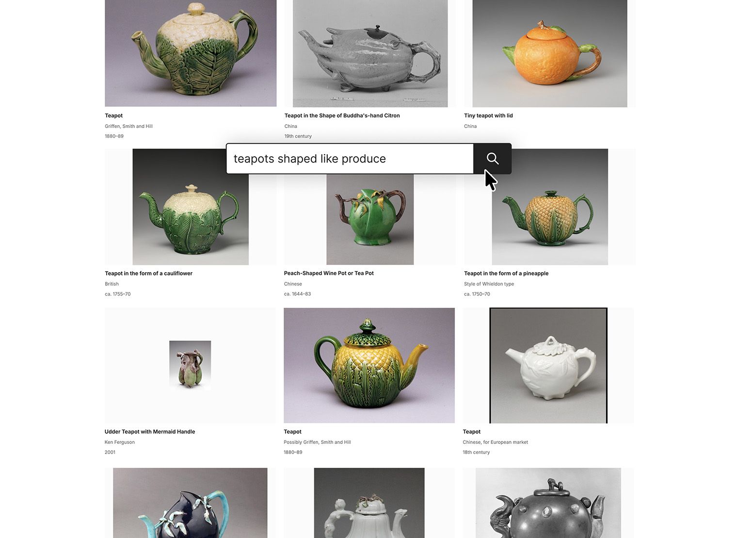 Search screen of various tea pot results