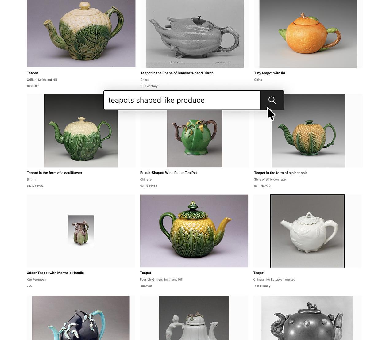 Search screen of various tea pot results