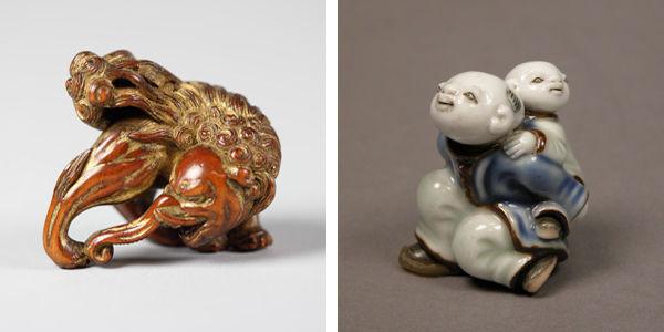 Left: Sadatake | Crouching Baku, 18th century | 10.211.2278 | Right: Child Carrying an Infant, late 18th century | 23.225.81