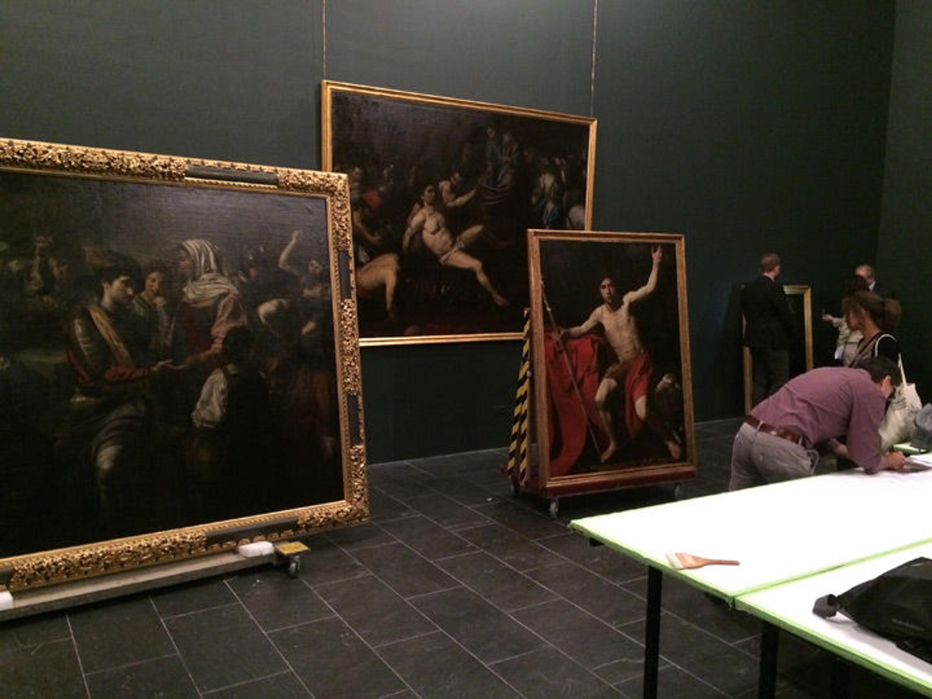 Four masterworks of Valentin de Boulogne await installation in a freshly painted gallery
