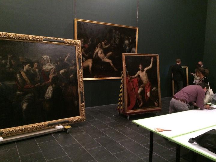Four masterworks of Valentin de Boulogne await installation in a freshly painted gallery