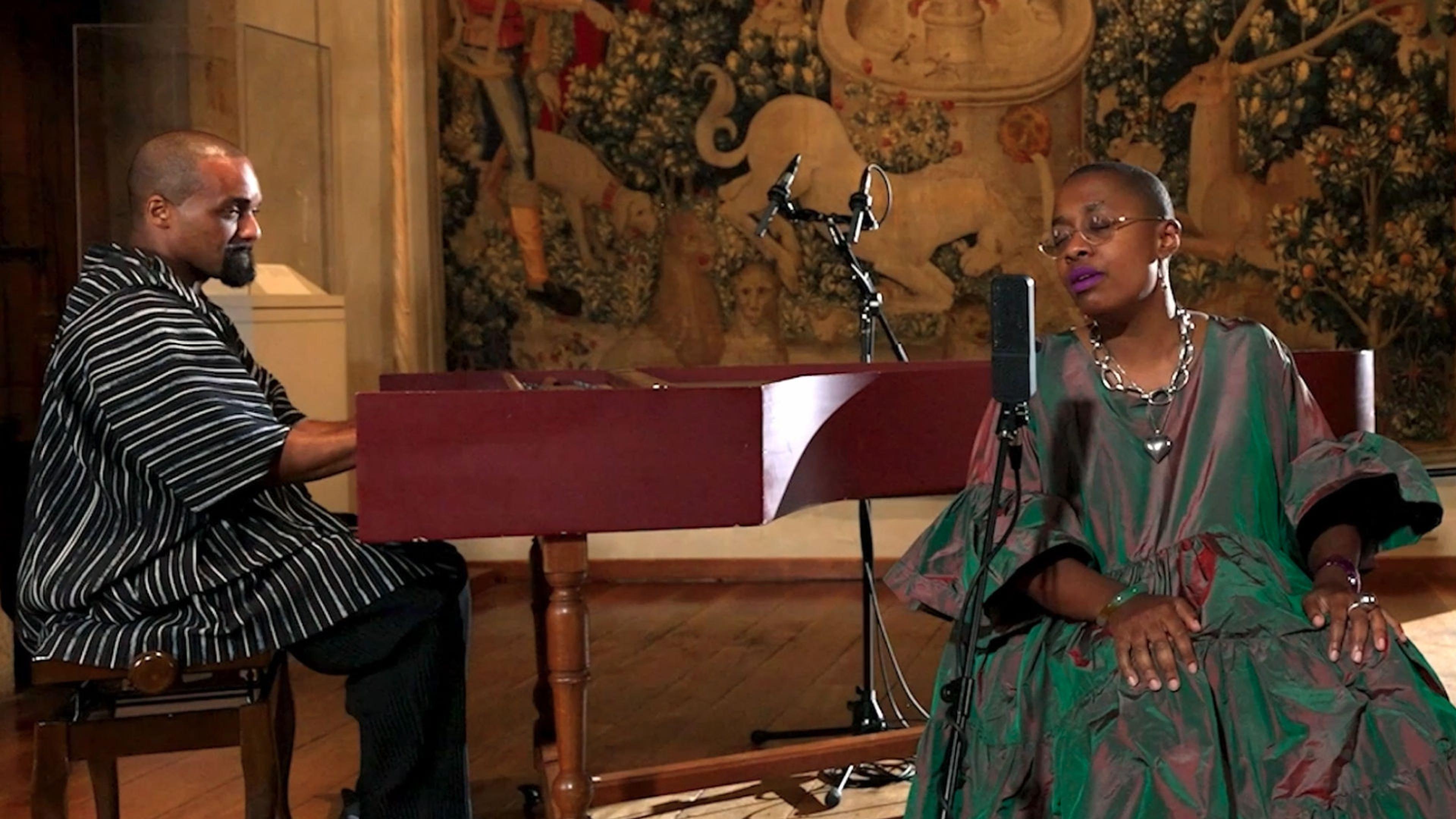 Cécile McLorin Salvant performing in the Unicorn Tapestries room at The Met Cloisters.