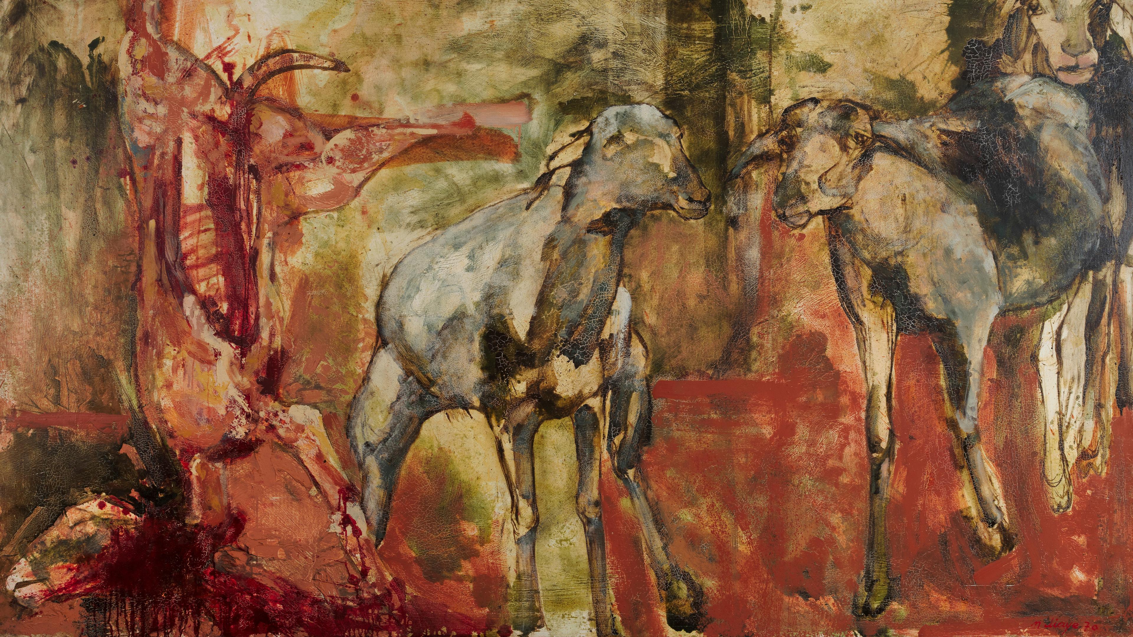 Painting of reds, brown on a tan background with 3 animals walking on all fours.