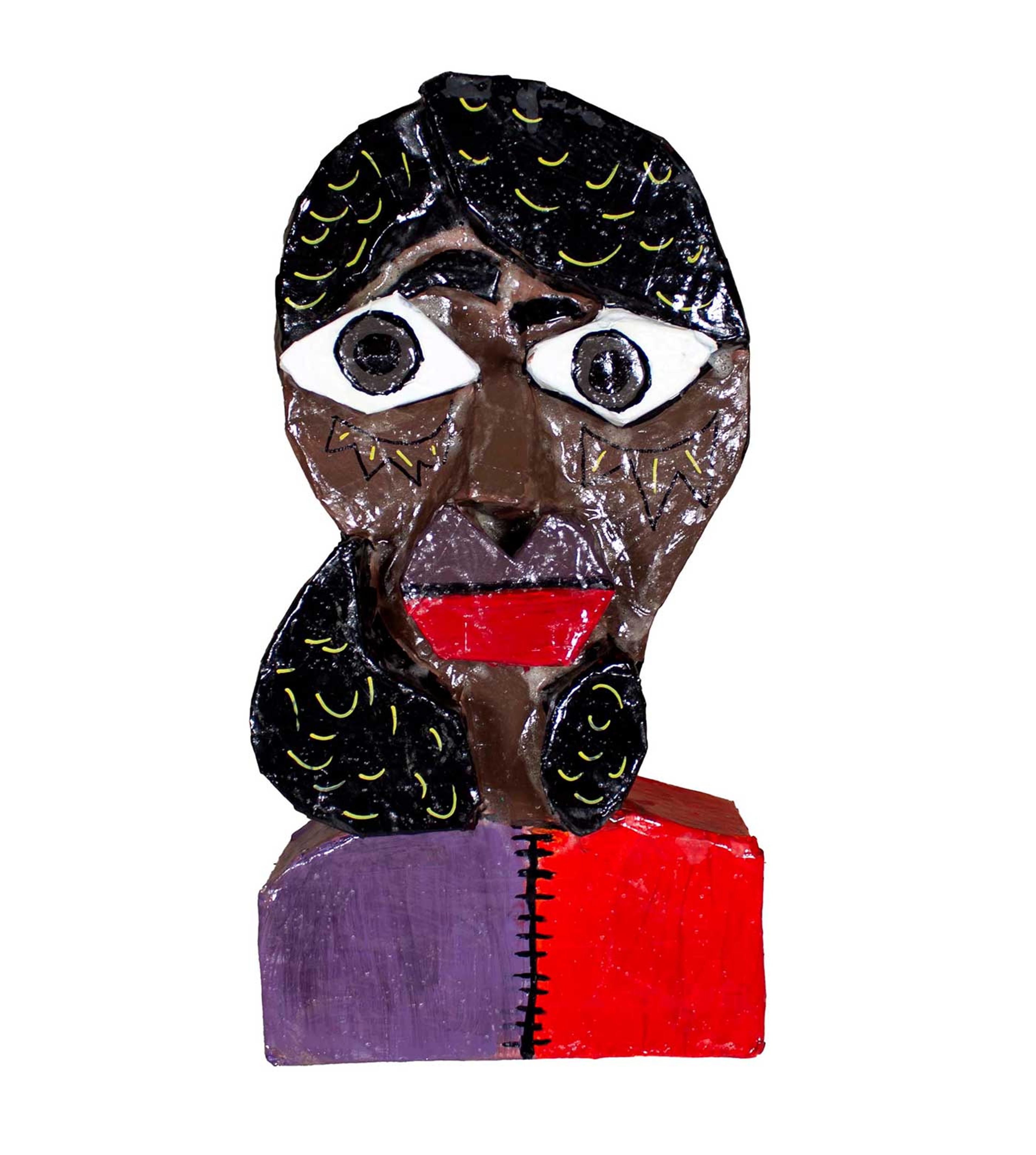 Bust of a young girl with dark brown skin, black hair, and a red and purple shirt.