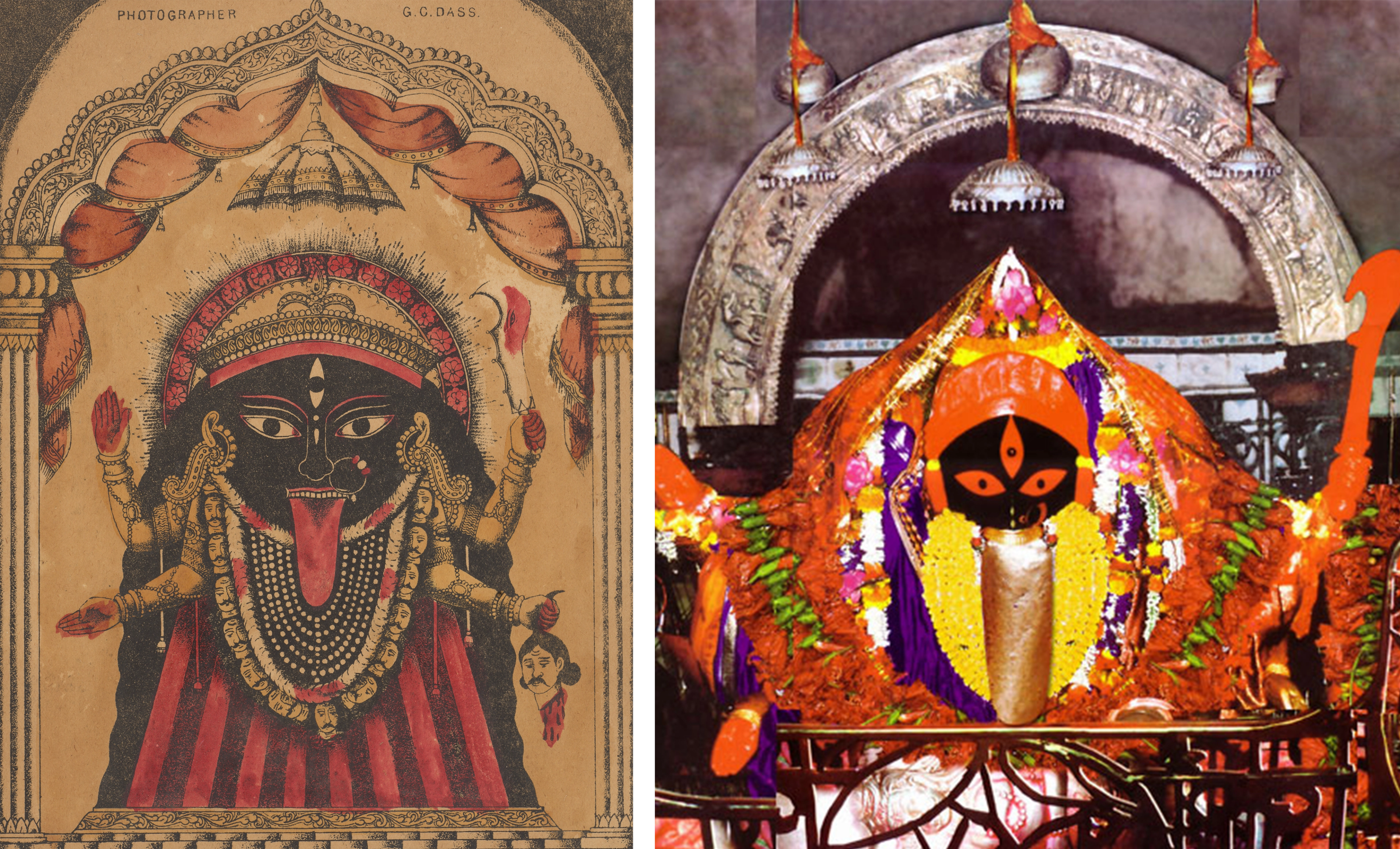 Two depictions of Kali. At left, her proportions are cartoonish and ballooned. At right, Kali represented by a murti, with three red eyes carved into black stone.