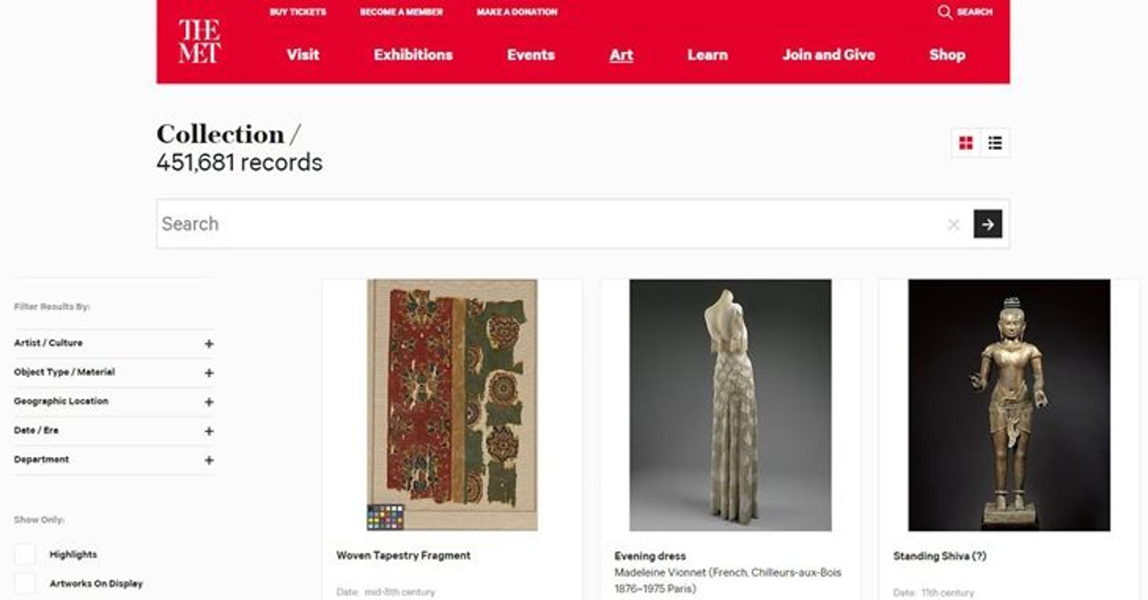 Screenshot of The Met's online collection page