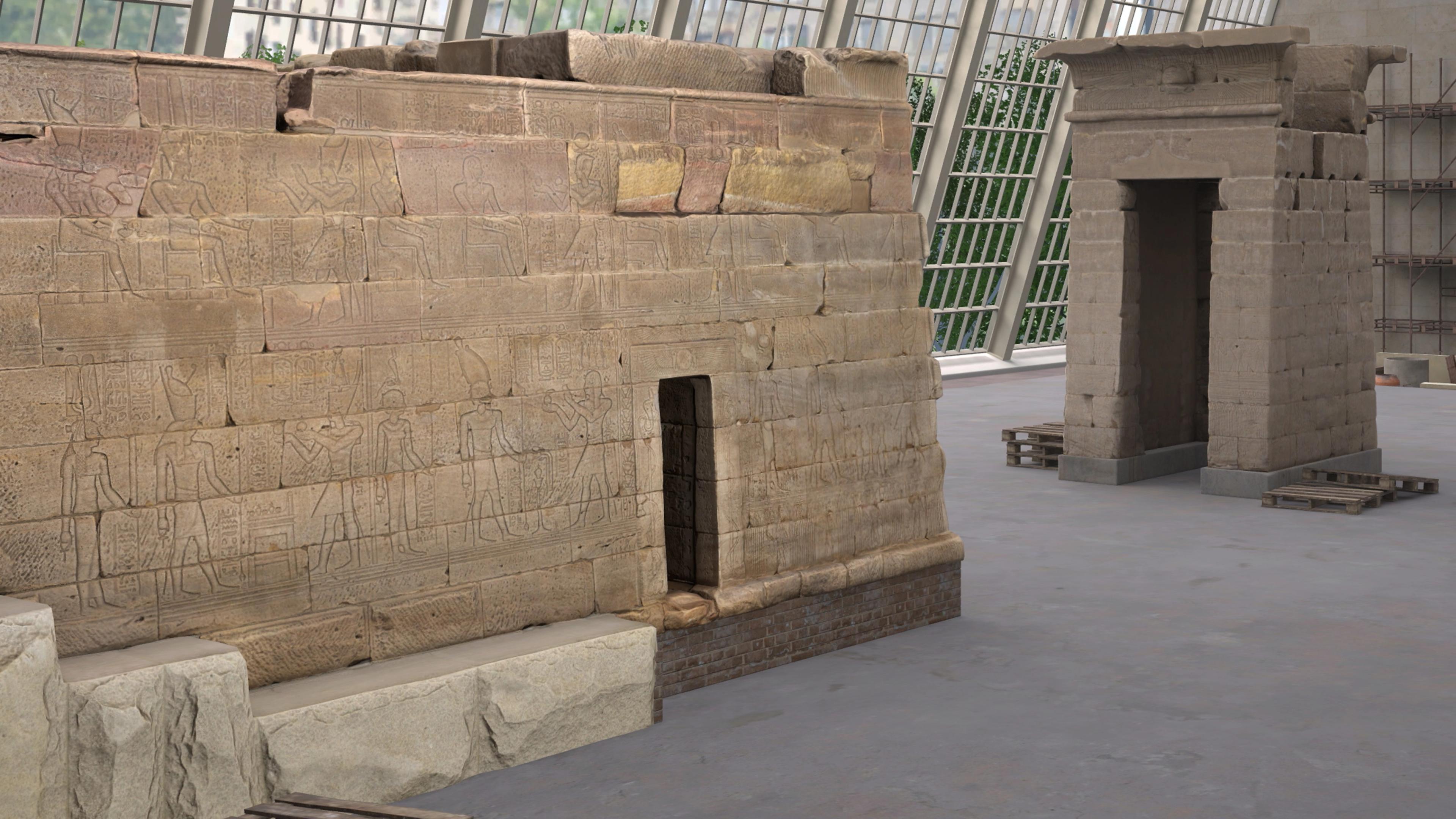 3D rendering of the Temple of Dendur at The Met, with scaffolding and materials showing the temple under construction.