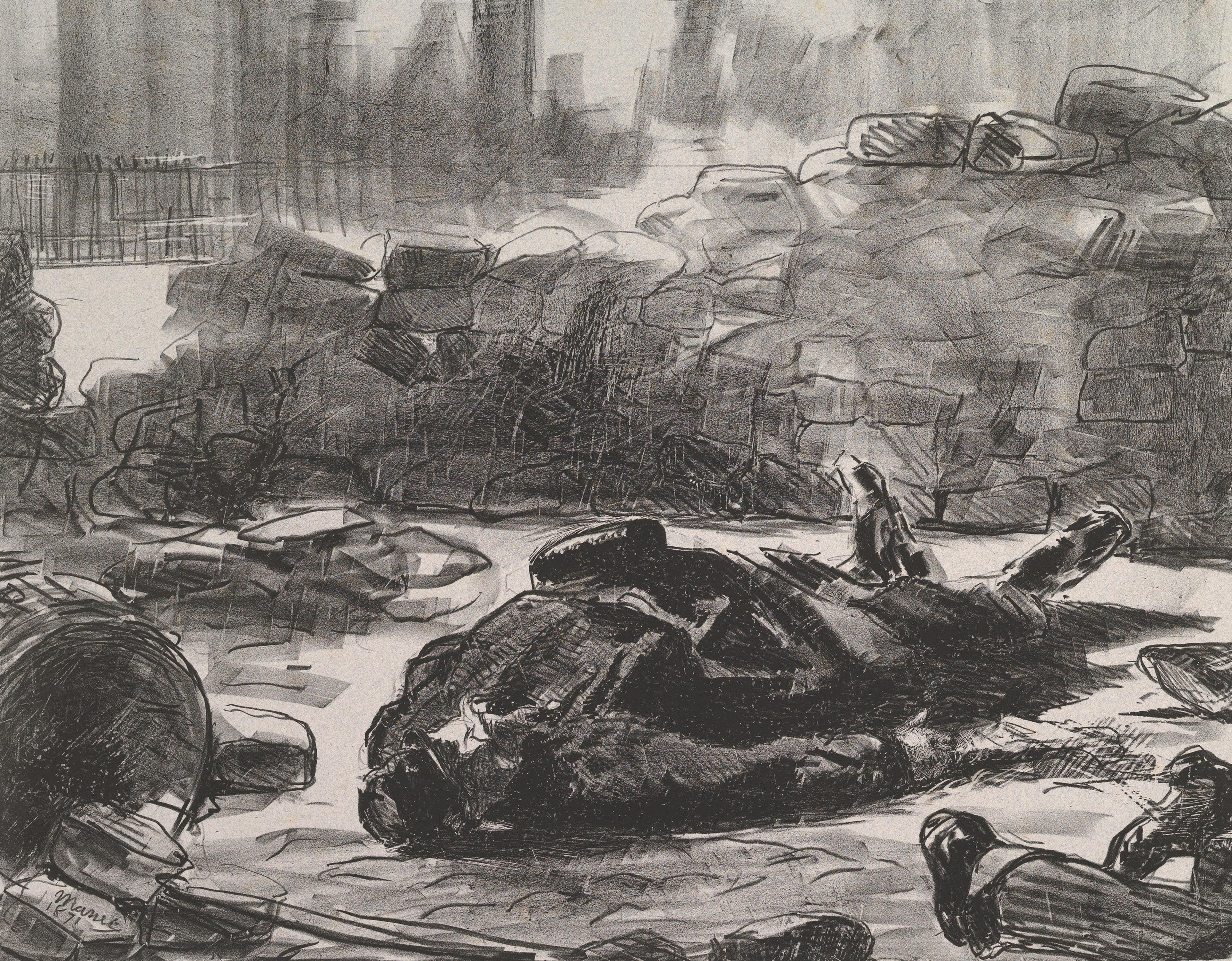 Black and white lithograph by Edouard Manet of a dead soldier laying on the ground with the legs of another fallen in the right lower corner.man