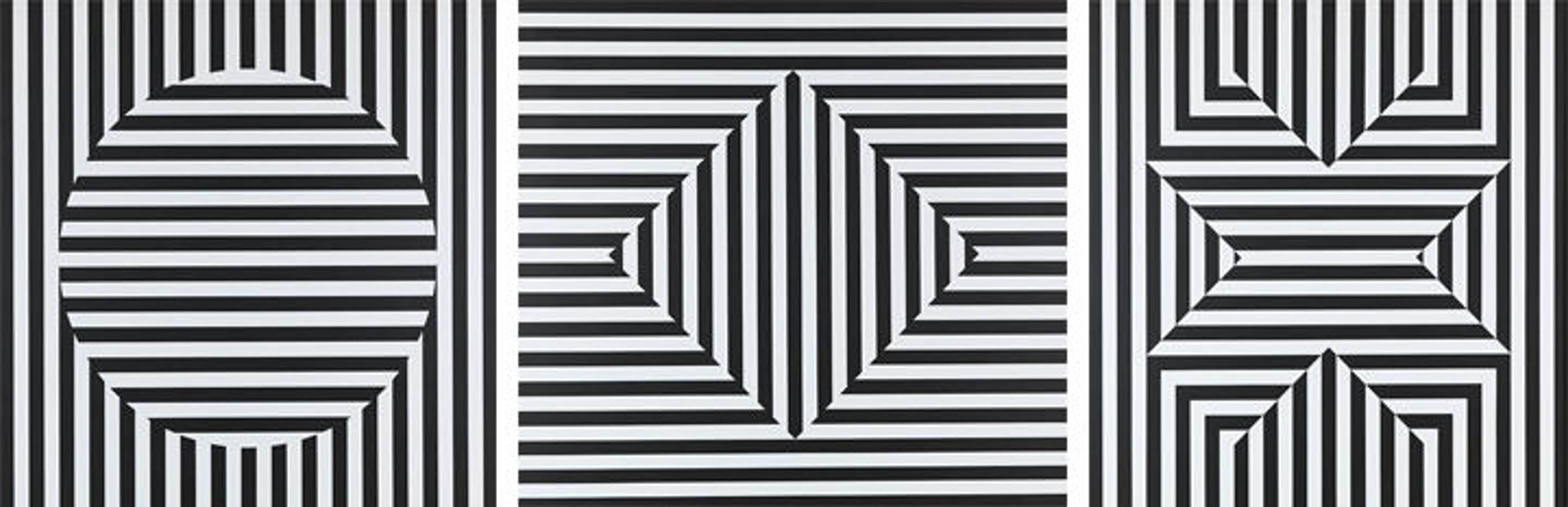 Three panels of the drawing, showing a circle, diamond and an x.