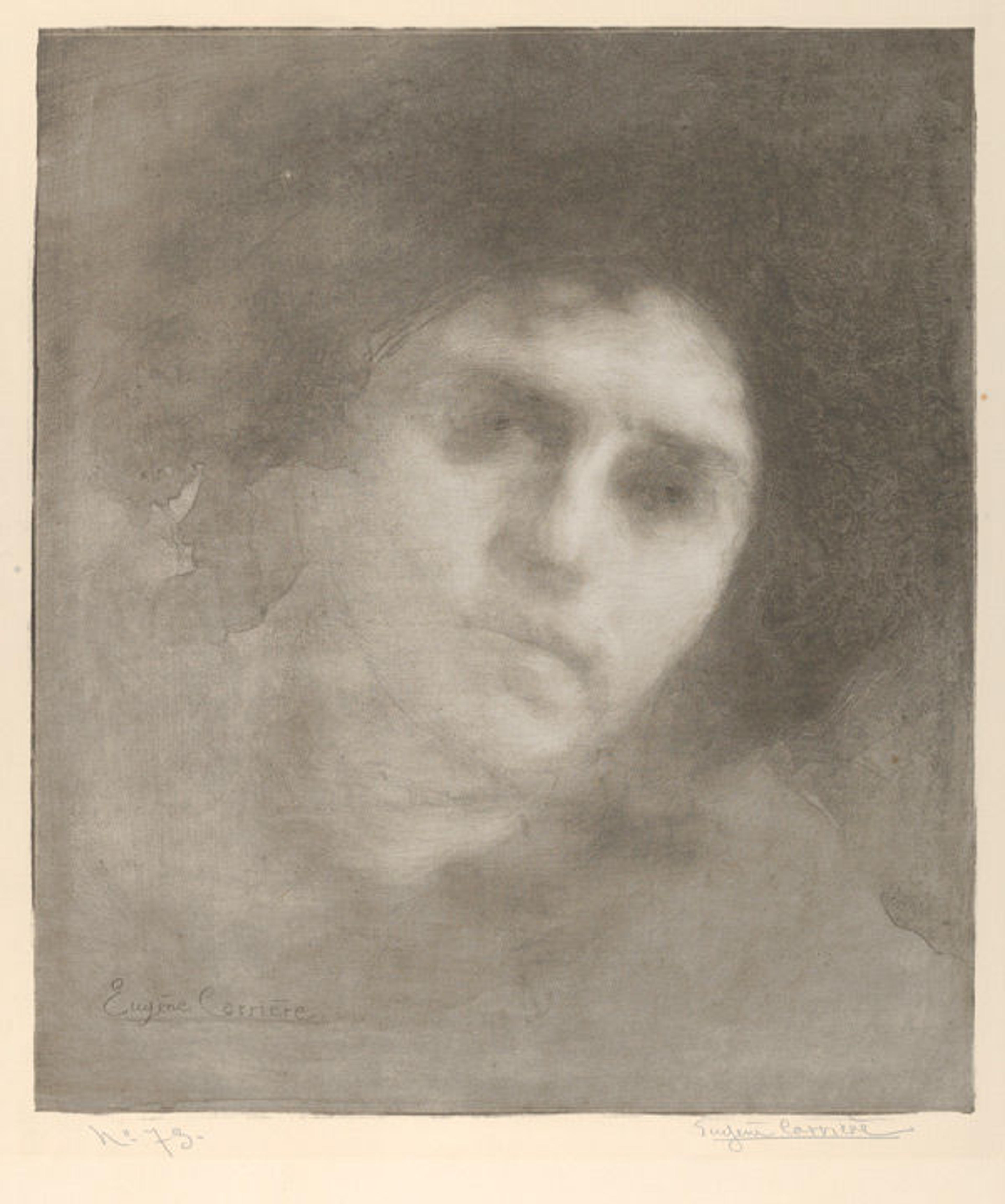 Mme Eugène Carrière (from L'Estampe originale, Album IV), 1893. Eugène Carrière (French, 1849–1906) Publisher André Marty (French, 1857). Lithograph; only state; Image: 10 5/8 × 13 3/4 in. (27 × 35 cm). Sheet: 13 1/4 × 17 11/16 in. (33.7 × 45 cm). The Metropolitan Museum of Art, New York, Rogers Fund, 1922 (22.82.1-32)