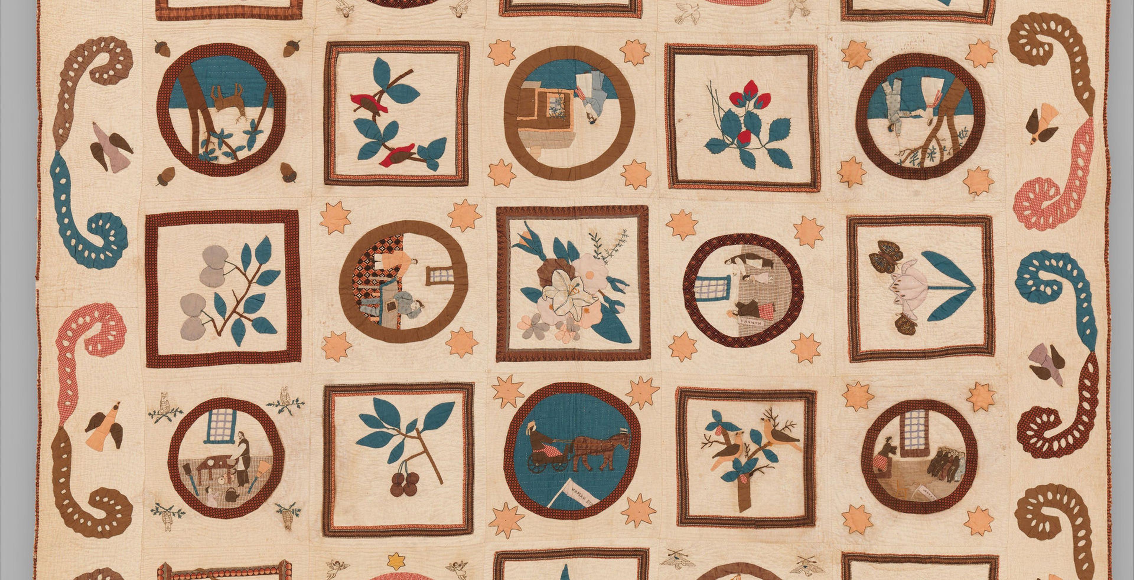 Detail of a quilt by Emma Civey Stahl depicting various floral designs and scenes of life during the Civil War in square and circular vignettes.