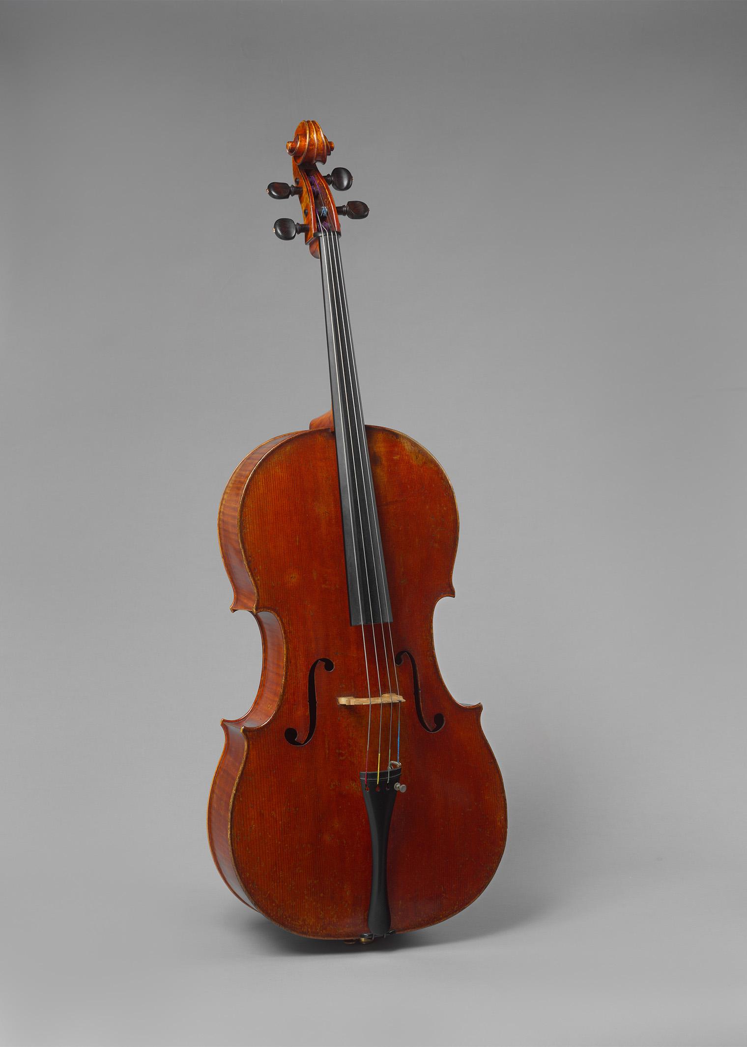 A classic, polished cello stands upright against a plain gray background, showcasing warm, rich wood tones and elegant curves, evoking sophistication.