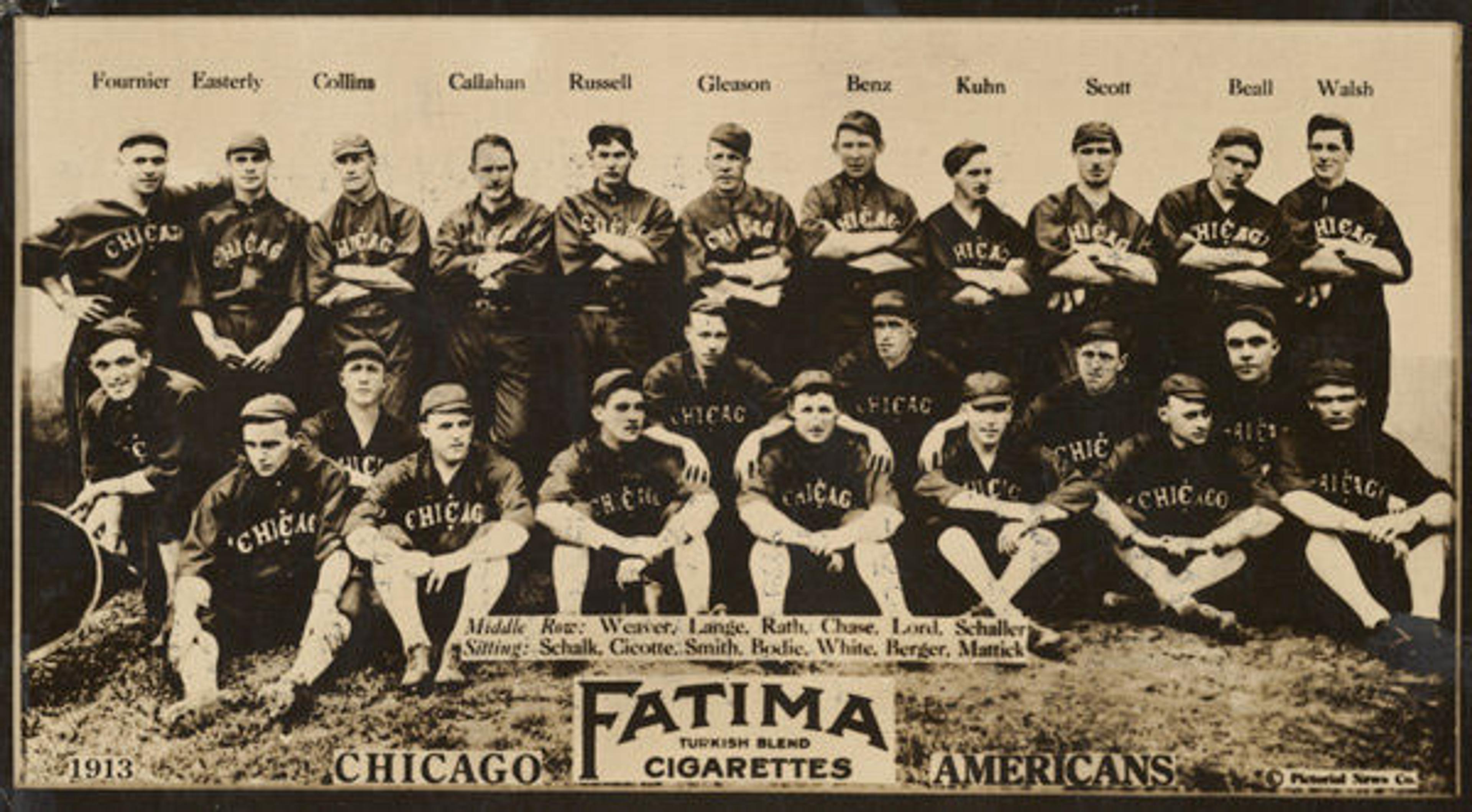 Liggett & Myers Tobacco Company (American, North Carolina). Chicago White Sox, American League, from the Baseball Team series (T200), issued by Liggett & Myers Tobacco Company to promote Fatima Turkish Blend Cigarettes, 1913. Photograph; sheet: 2 11/16 x 4 3/4 in. (6.9 x 12.1 cm). The Metropolitan Museum of Art, New York, The Jefferson R. Burdick Collection, Gift of Jefferson R. Burdick (63.350.246.200.2). Photographic copyright, The Pictorial News Co.