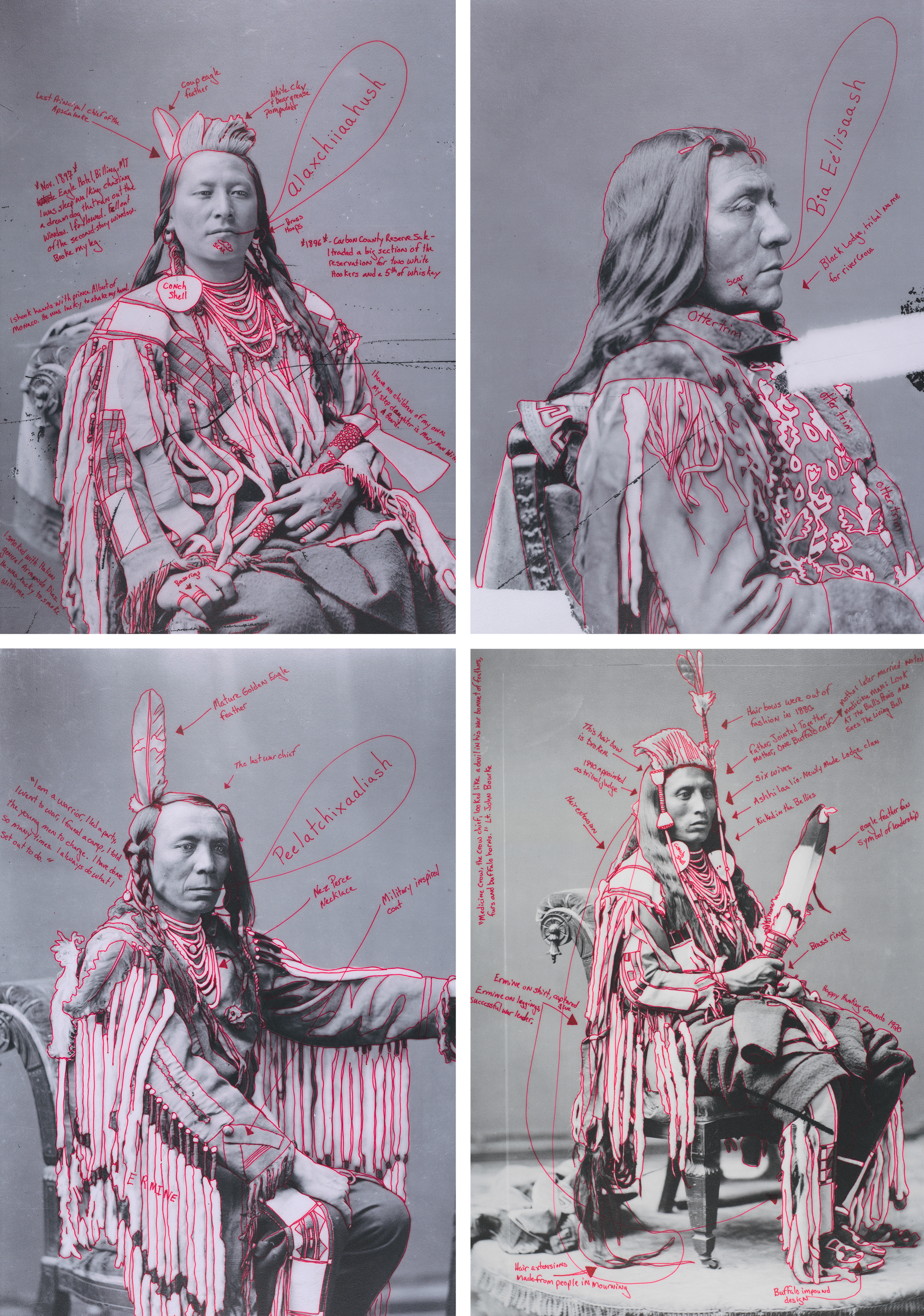 Four black-and-white portraits of Indigenous people, superimposed with contemporary annotations in red marker.