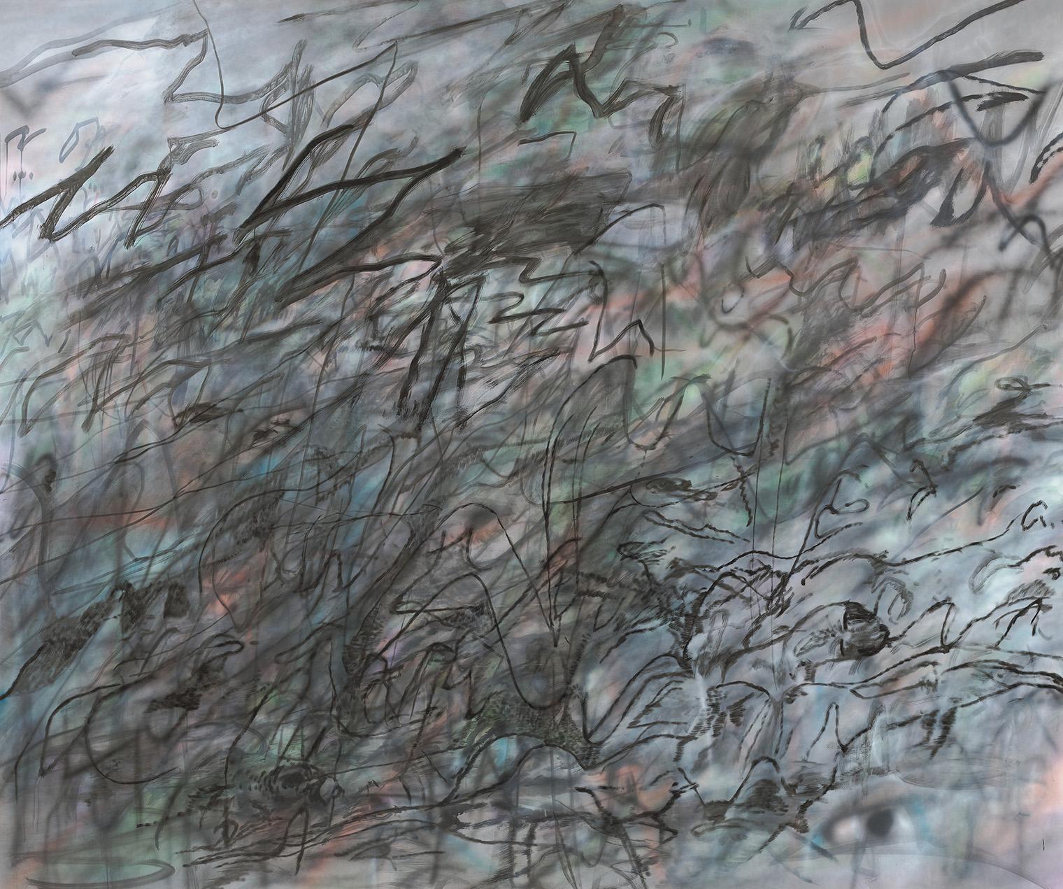 Blue, pink green inc scattered, with black inc scribbled across in different forms and patterns