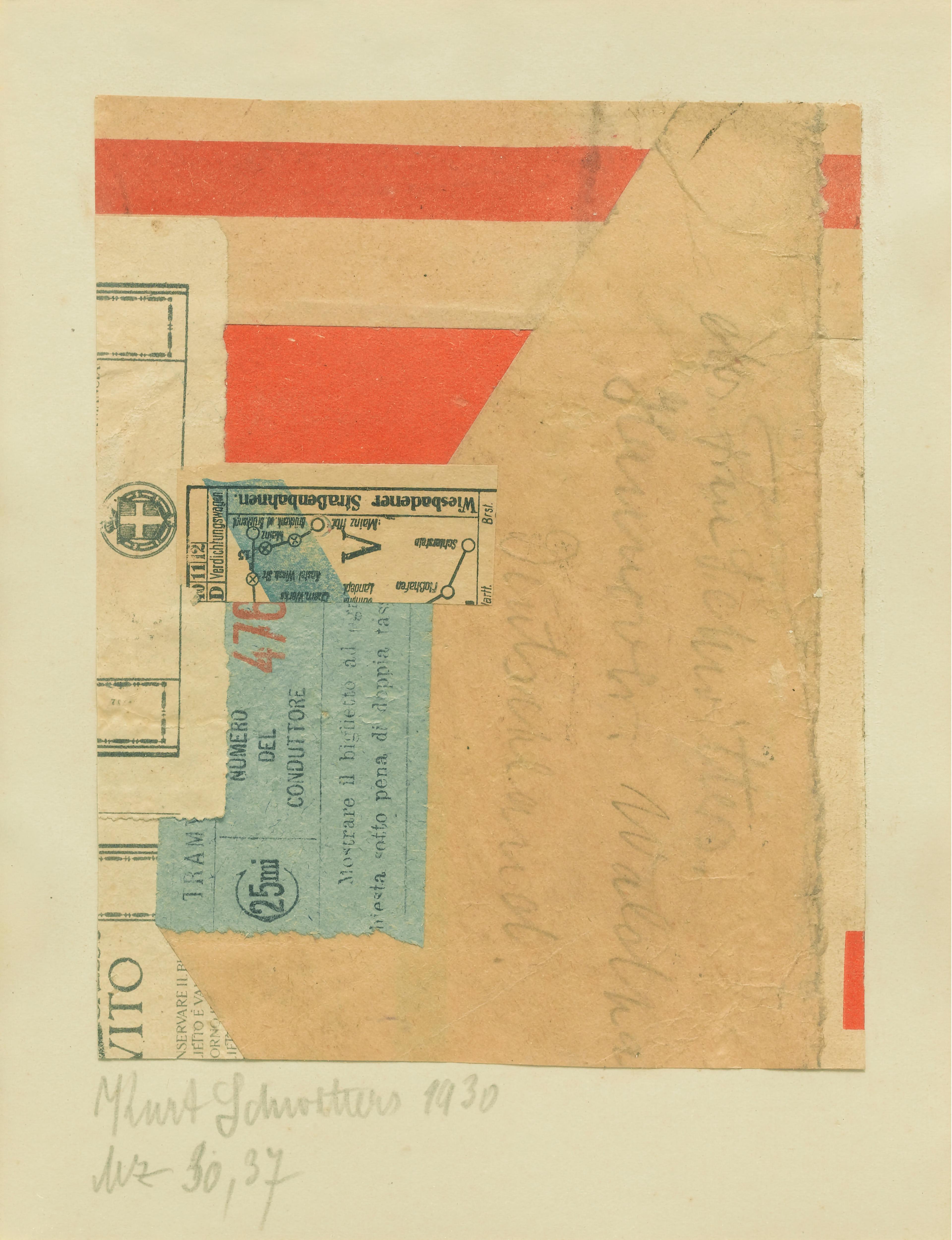 Paper collage including an envelope, striped paper, and a train ticket.