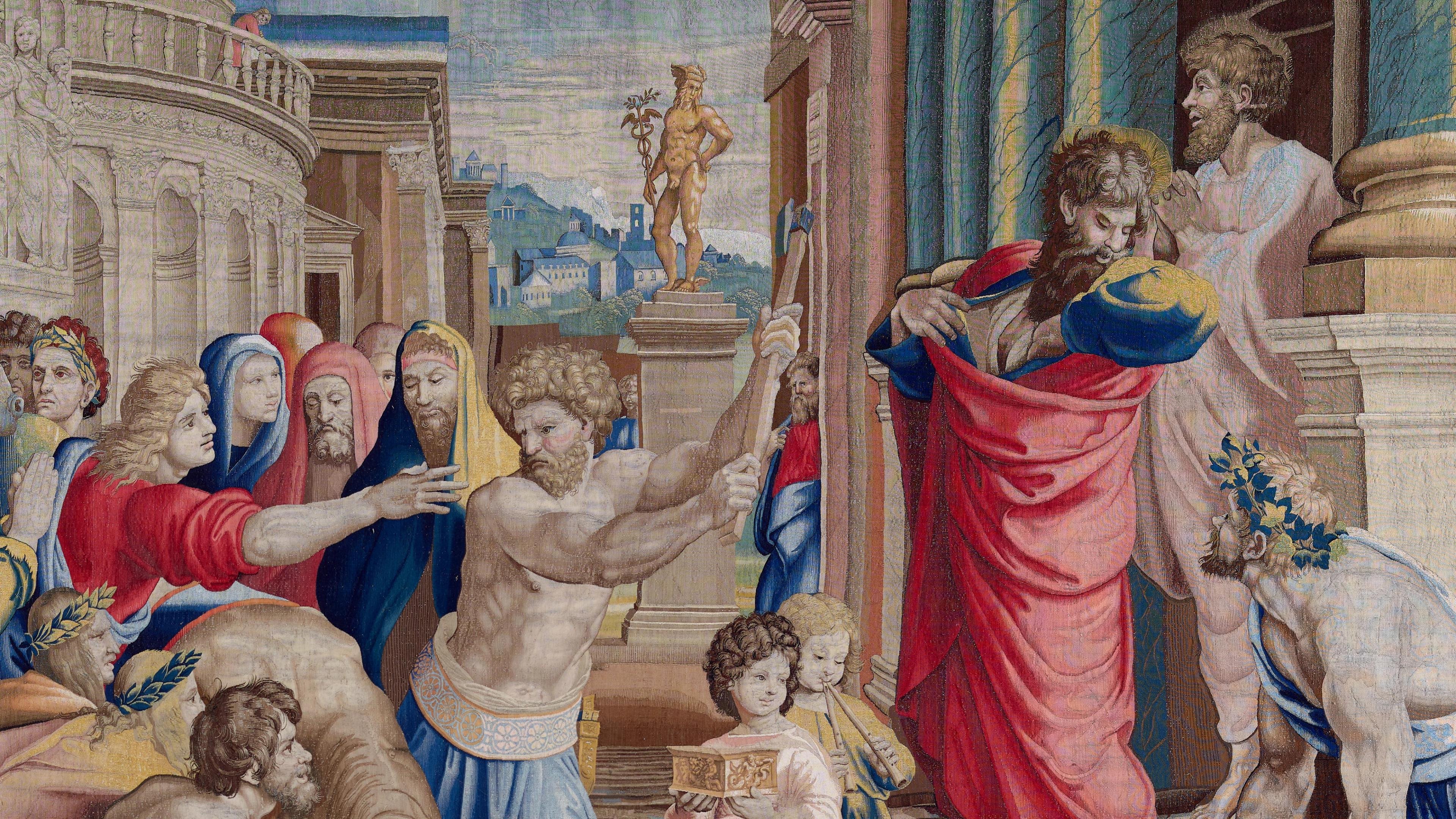 A colorful tapestry depicting an ancient scene with a crowd in vibrant robes, a bull, and Roman architecture. 