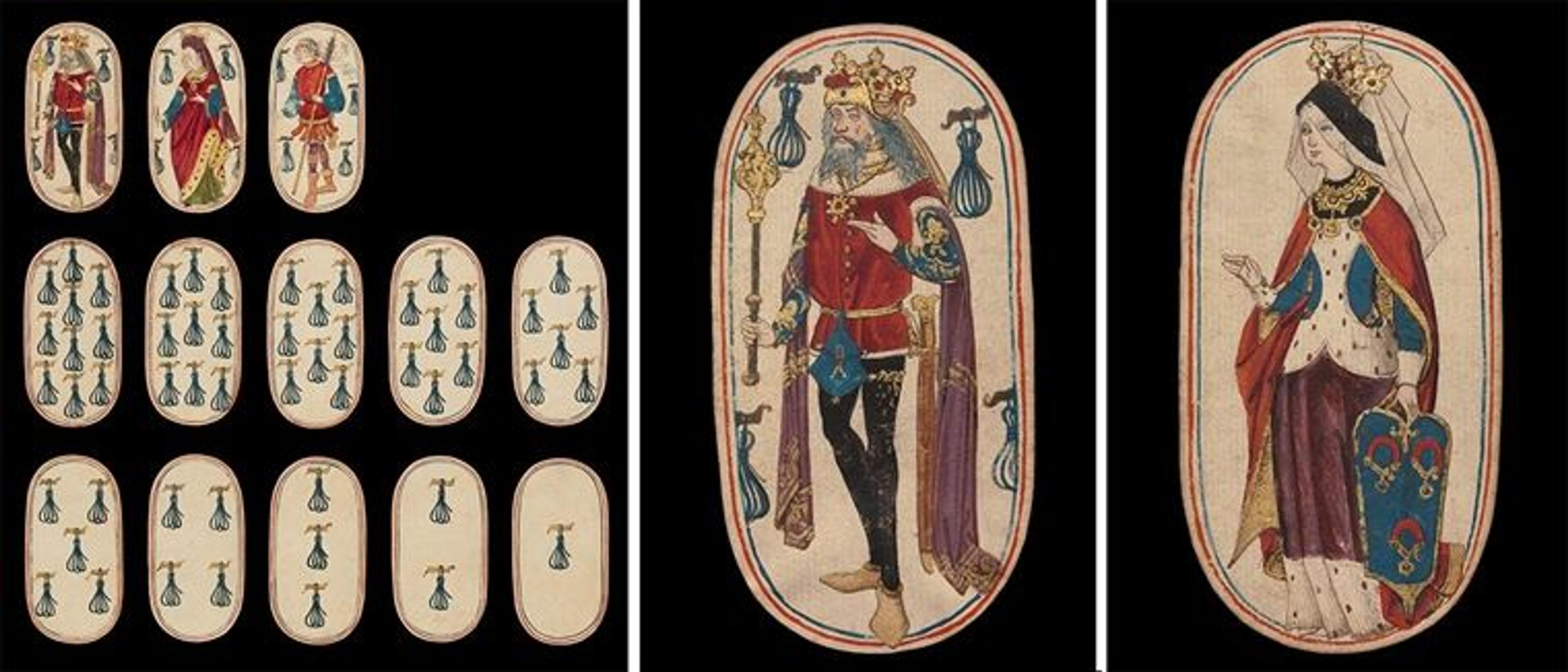 A set of oval-shaped medieval playing cards, some featuring a king and queen, and others featuring different numbers of knots of rope.