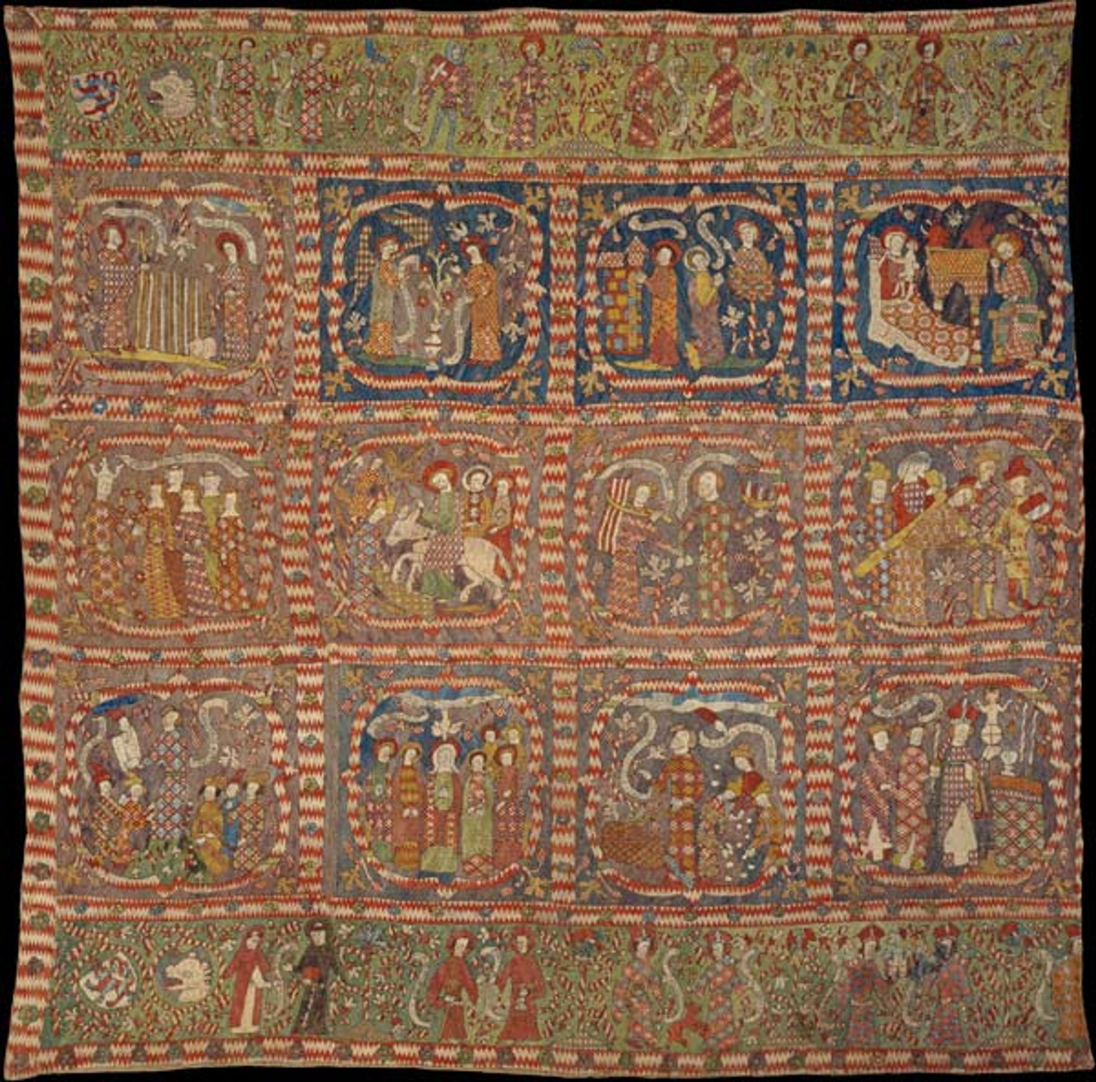  Embroidered hanging, late 14th century. Made in probably Hildesheim, Lower Saxony, Germany. German. Silk on linen, painted inscriptions; 63 x 62 1/2 in. (160 x 158.8 cm). The Metropolitan Museum of Art, New York, Gift of Mrs. W. Murray Crane, 1969 (69.106). 