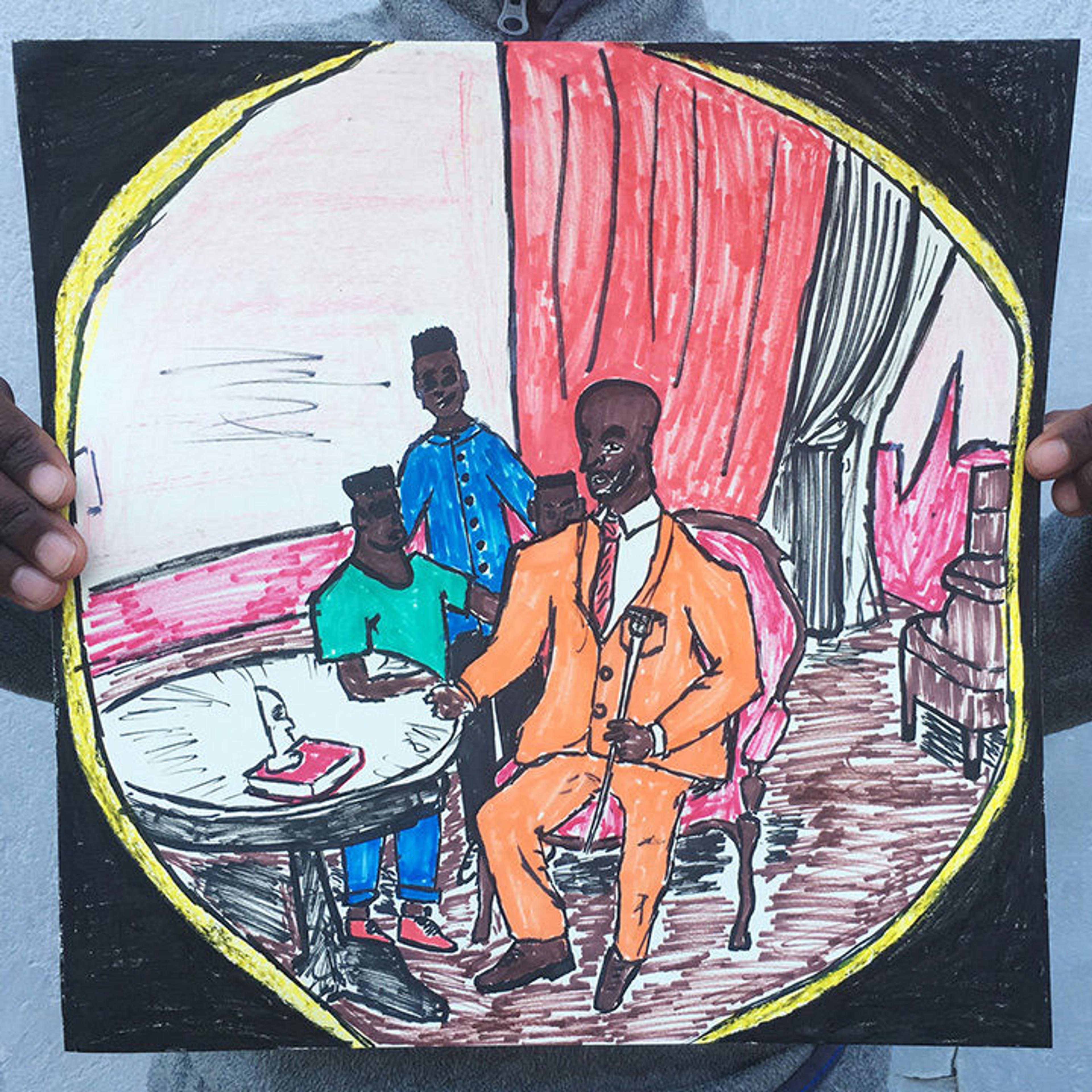 Thabo holds up his artwork depicting his family wearing colorful shades of orange, blue, and green gathered around a table.