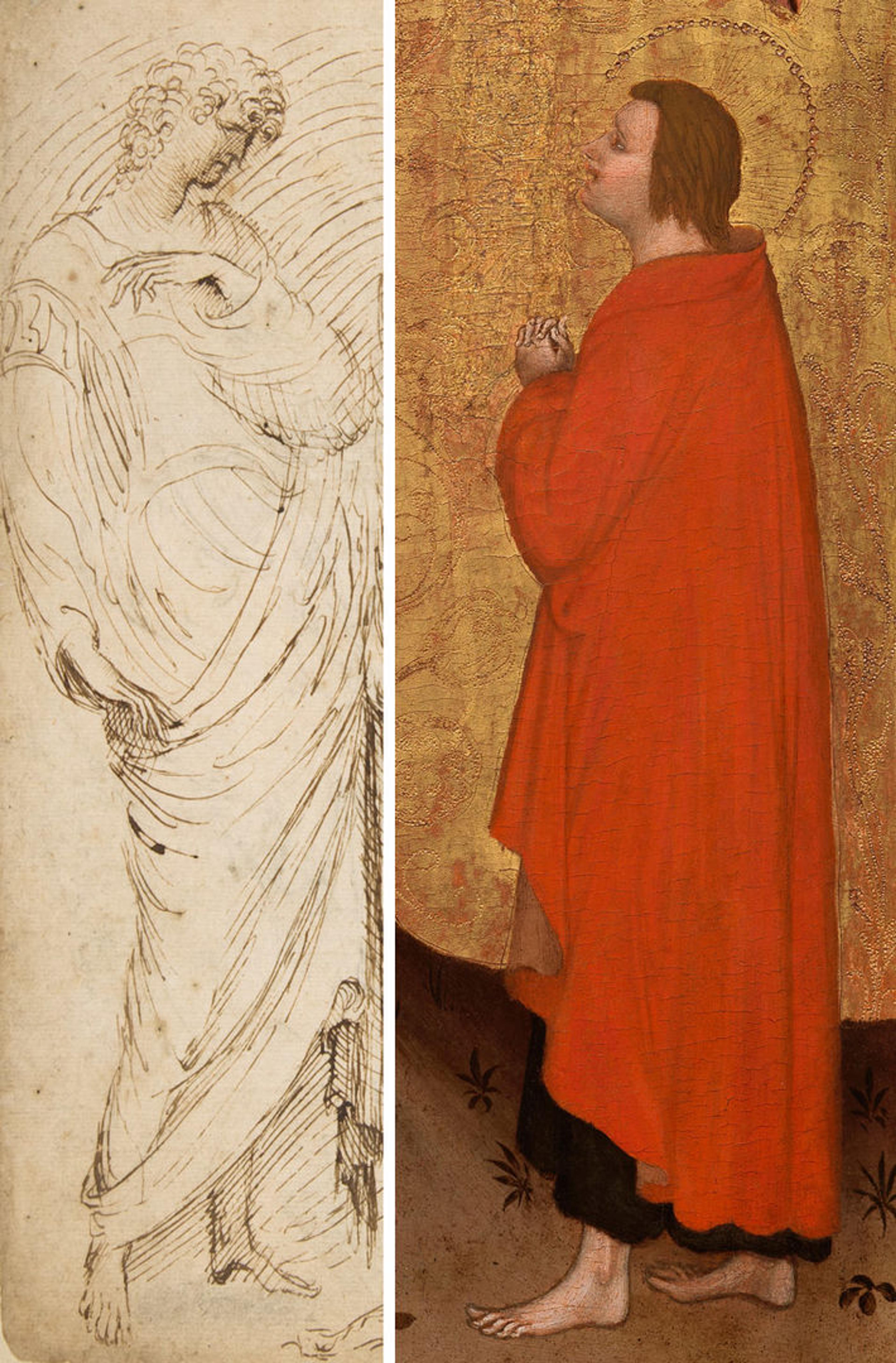 Two detail views of works by Stefano da Verona: at left, a standing male figure dressed in Classical garb; at right, John the Evangelist standing in a red tunic