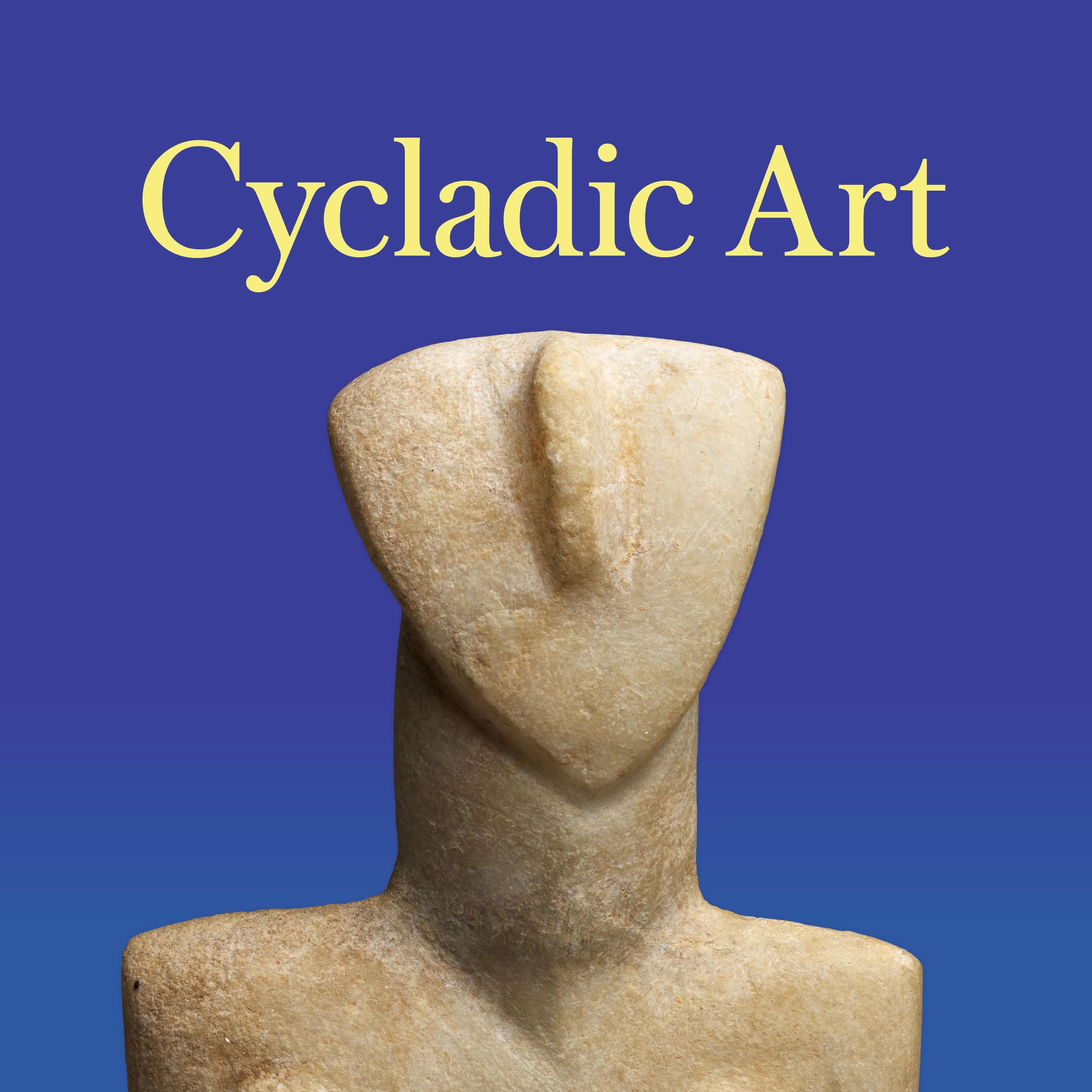 A Cycladic sculpture with an abstract human form is set against a blue gradient background with "Cycladic Art" written above in large yellow text.