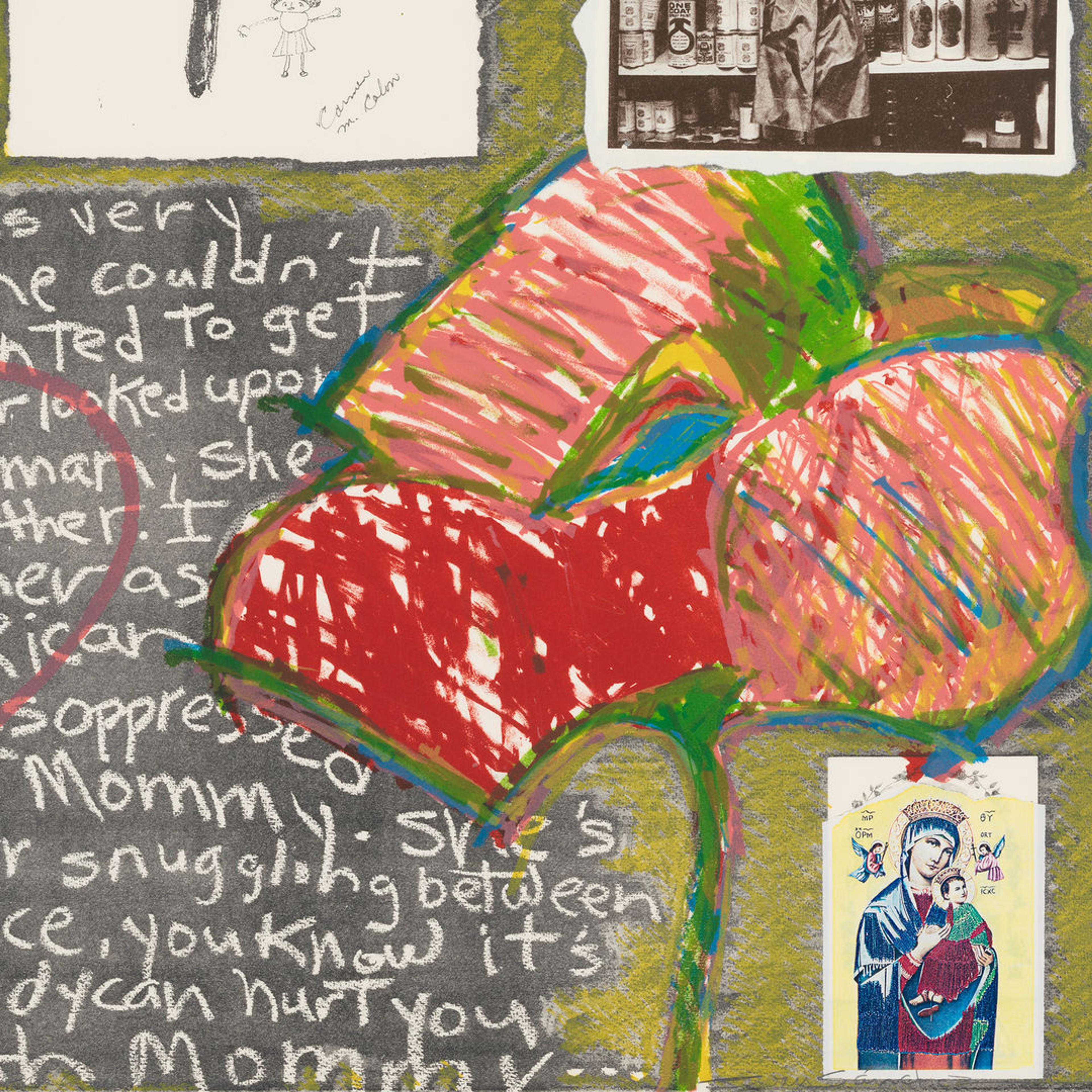 A mixed-media collage decorated with two black-and-white photos, a childlike drawing, and an image of the Virgin Mary and Jesus surrounding a drawing of a flower and poem about the artist's mother.