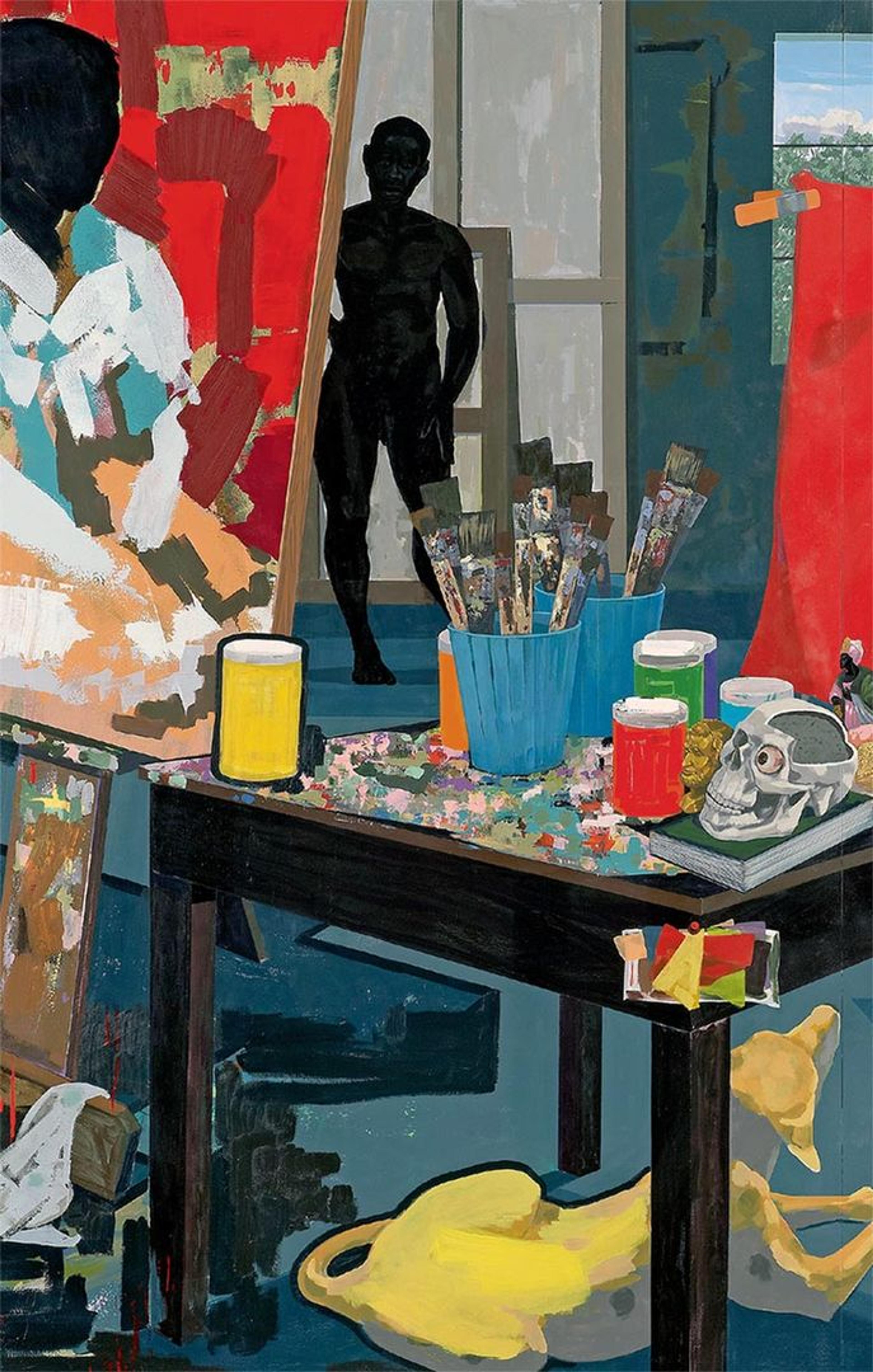 A painting of a man in a painting studio
