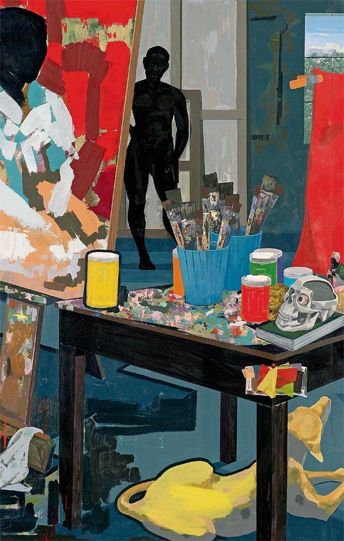 A painting of a man in a painting studio