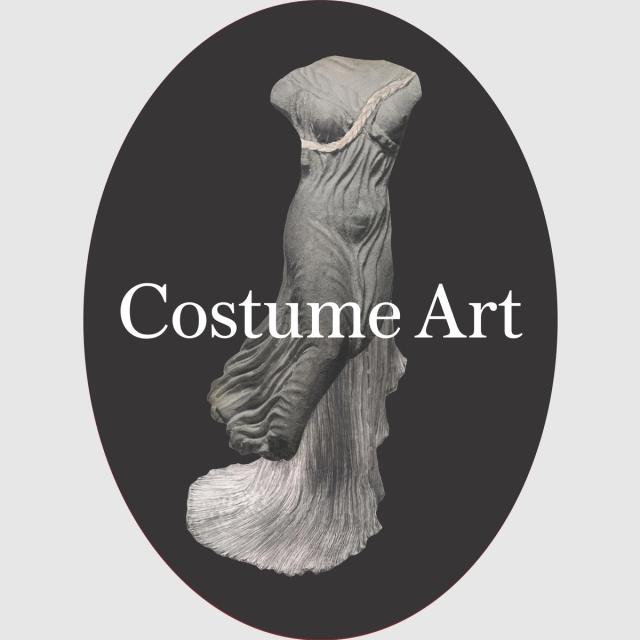 Graphic of a grayscale, sculptural dress form with flowing, pleated fabric displayed inside a black oval. The words ‘Costume Art’ appear in white serif font across the center of the image