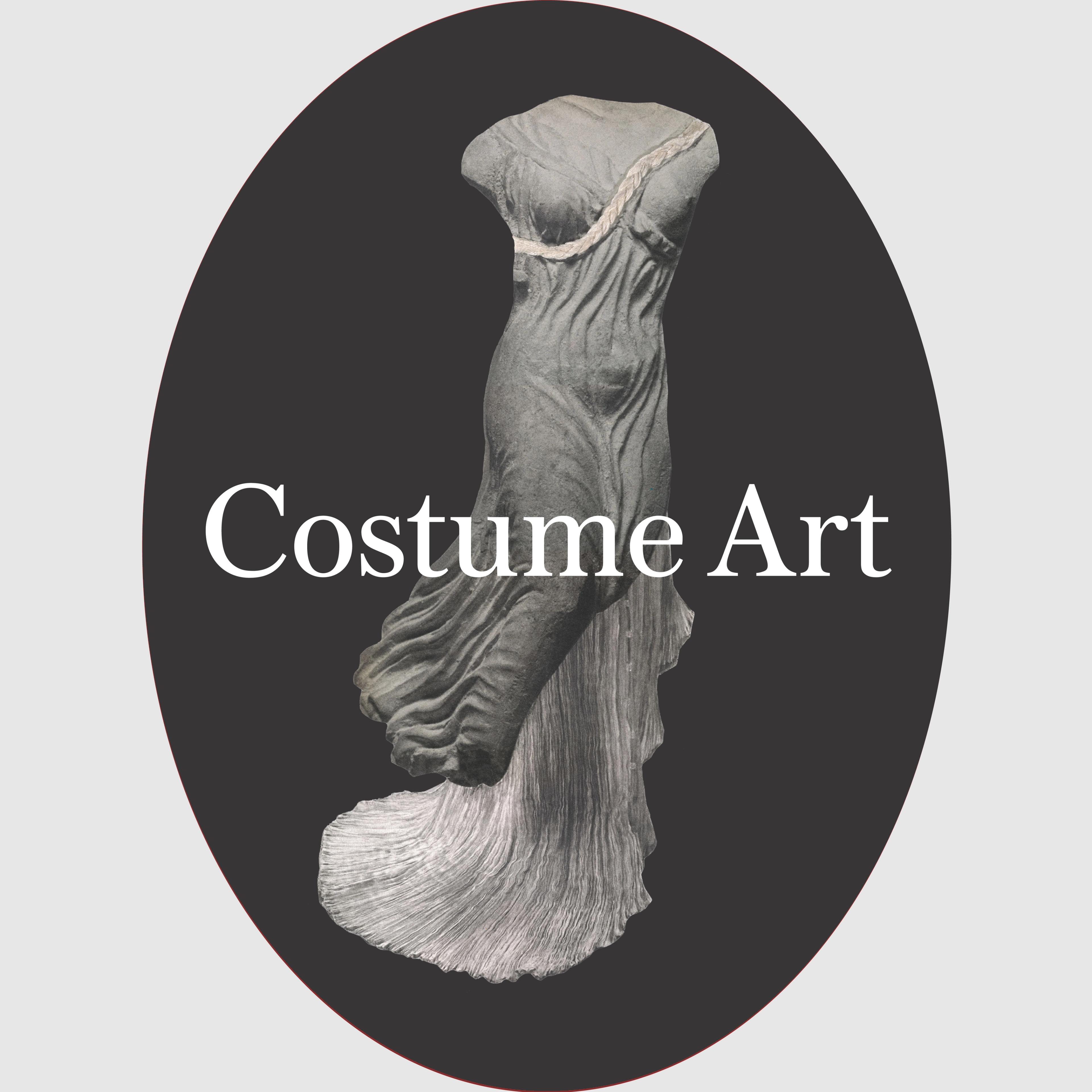 Graphic of a grayscale, sculptural dress form with flowing, pleated fabric displayed inside a black oval. The words ‘Costume Art’ appear in white serif font across the center of the image