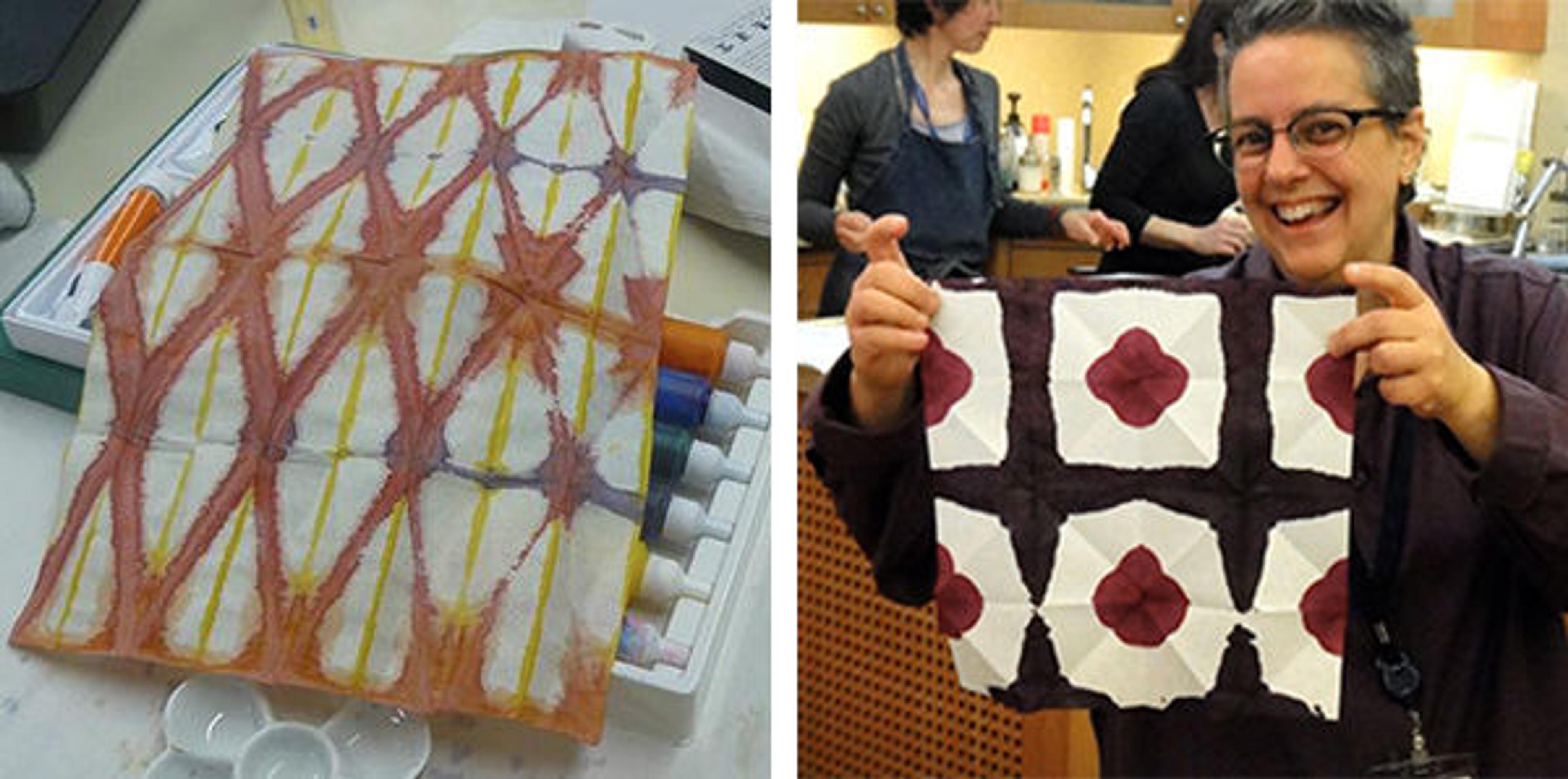 Left: Finished orizome. Right: Librarian Tamara Fultz showing off her final product